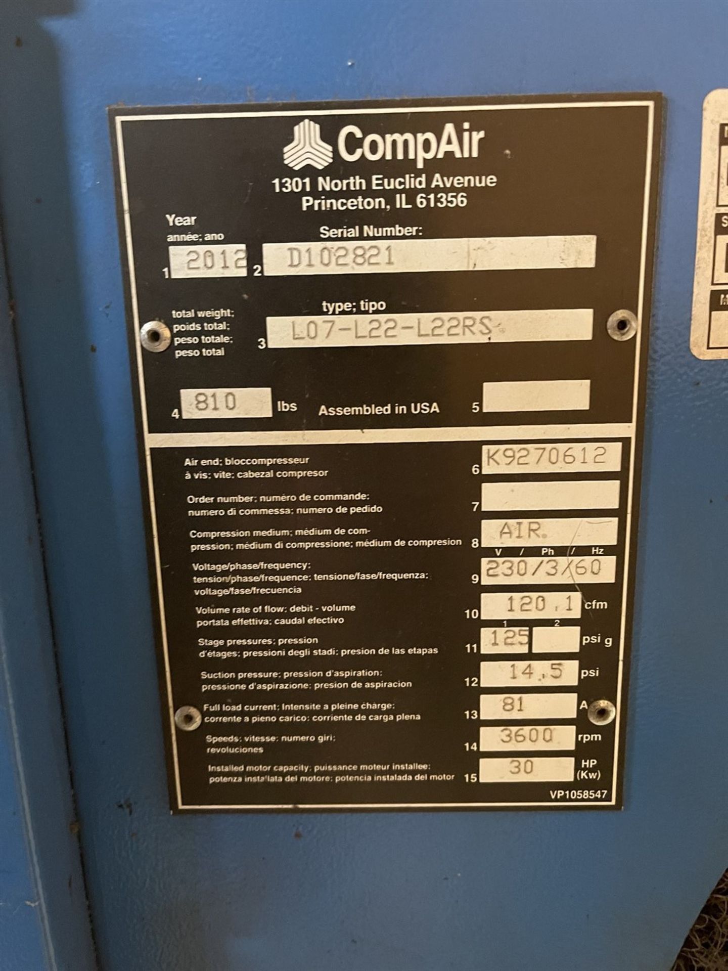 2012 CompAir L22 L-Series Air Station Compressor System, s/n D102821, 30 HP, 125 PSI, w/ compare - Image 6 of 6