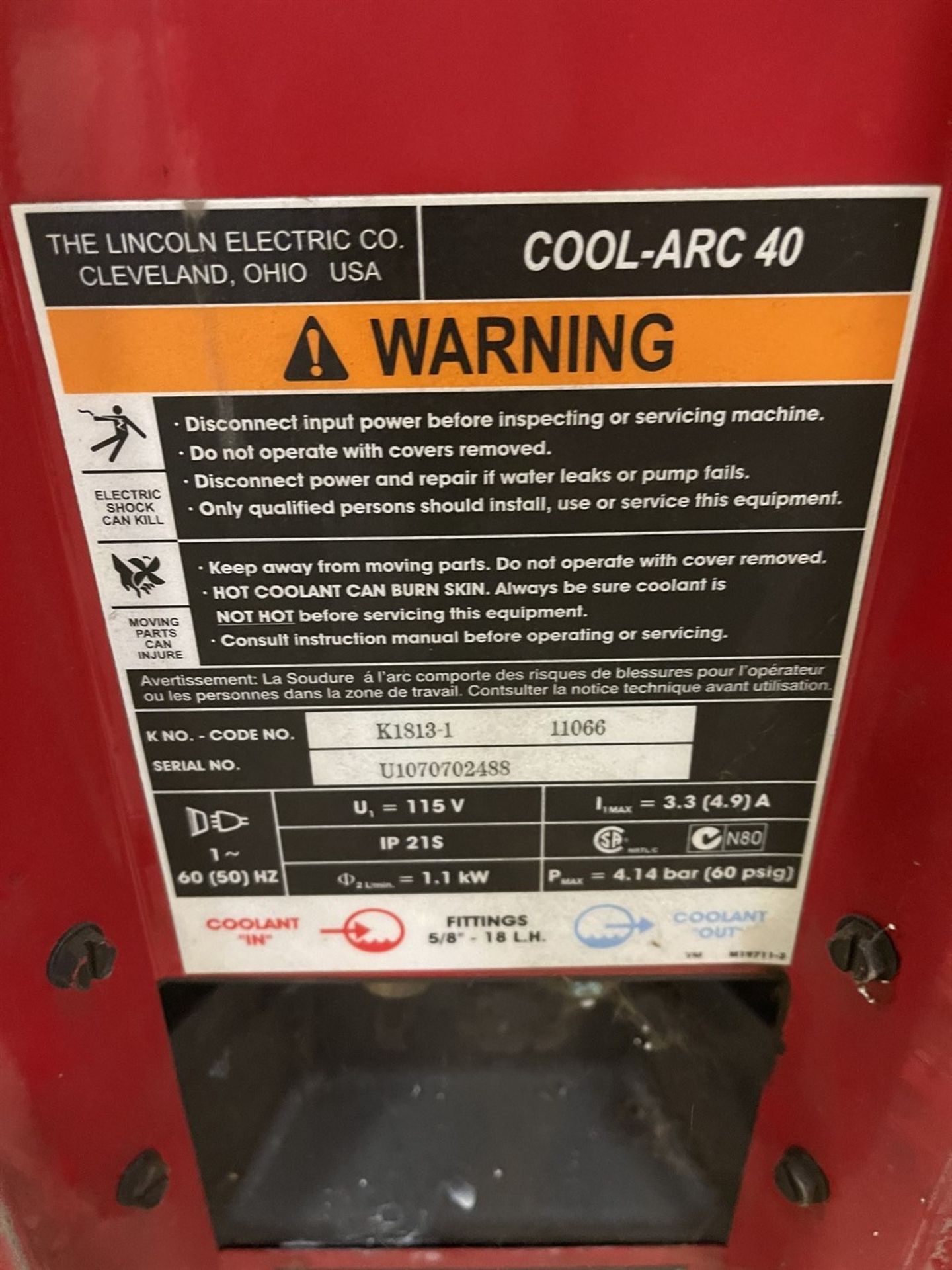 Lincoln Cool-Arc 40 Chiller, s/n U1070702488 - Image 2 of 2