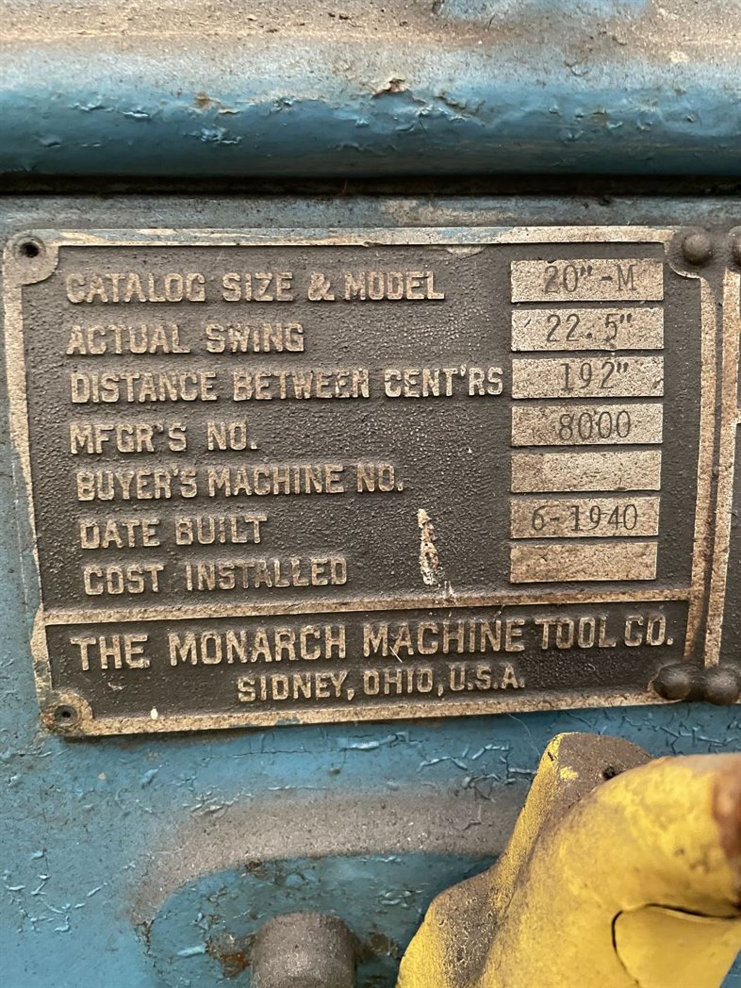 MONARCH 20" x 192" Engine Lathe, s/n 8000, 22.5" Swing Over Bed, 192" Distance Between Centers, 9- - Image 4 of 4