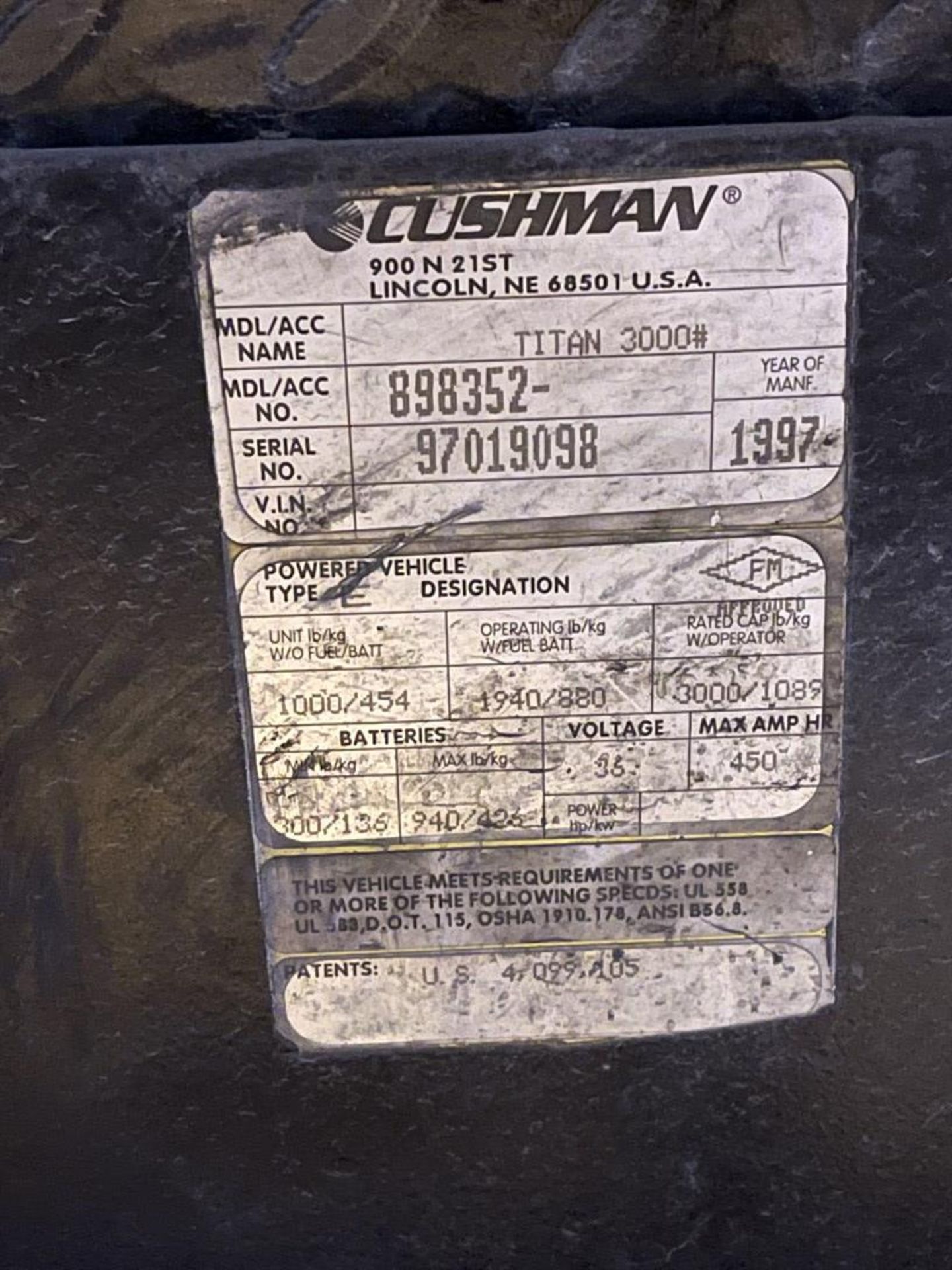 CUSHMAN Titan 335 Warehouse Vehicle, s/n 97019098 - Image 5 of 6