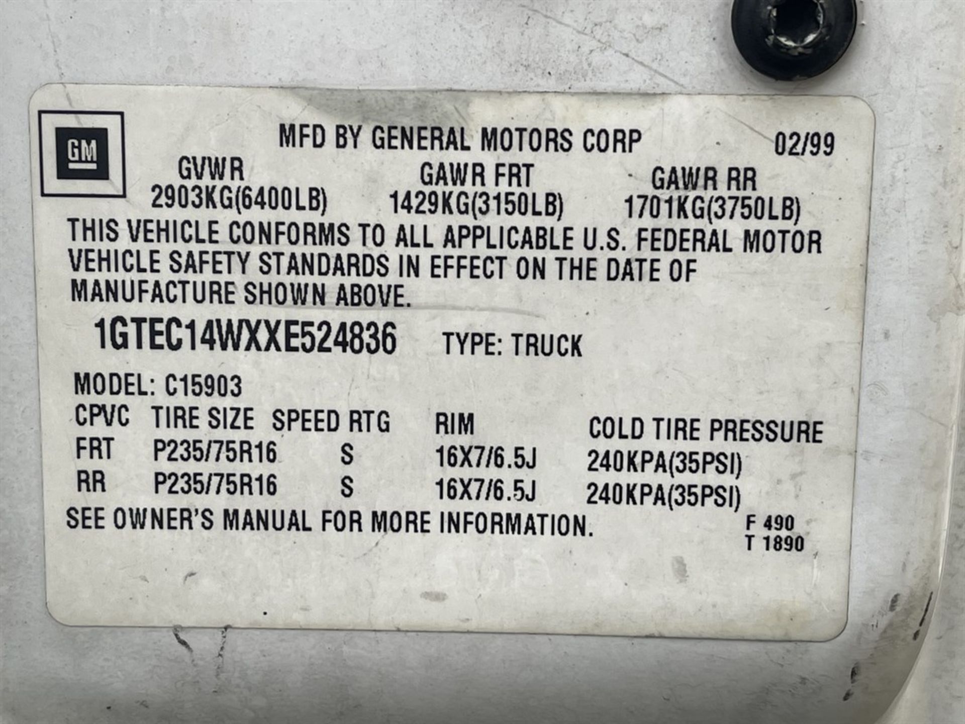 GMC 1500 Pickup Truck, VIN #1GTEC14WXXE524836, 70,036 Miles - Image 10 of 10