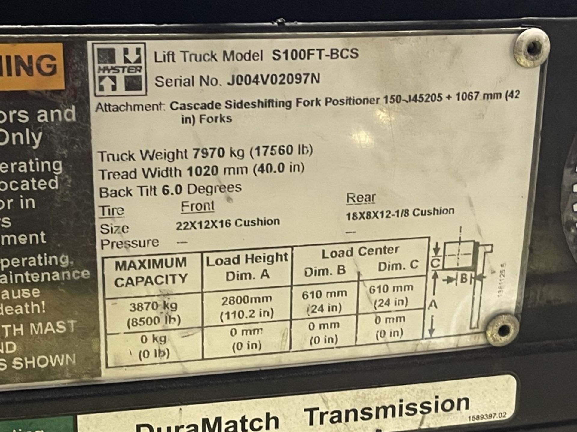 2015 HYSTER S100FTBCS/150J LP Forklift, s/n J004V02097N, 10,000 Lb. Capacity, 2-Stage Mast, - Image 9 of 10