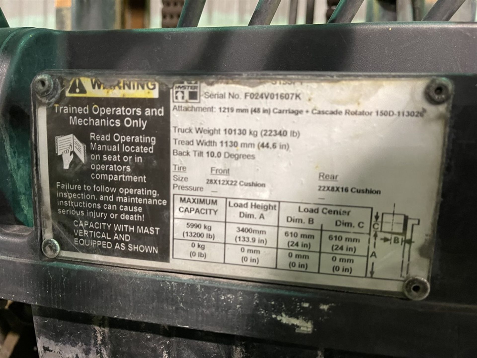 2012 HYSTER S155FT Turbo Diesel Forklift, s/n F024V01607K, 15,000 Lb. Capacity, 2-Stage Mast, - Image 10 of 11