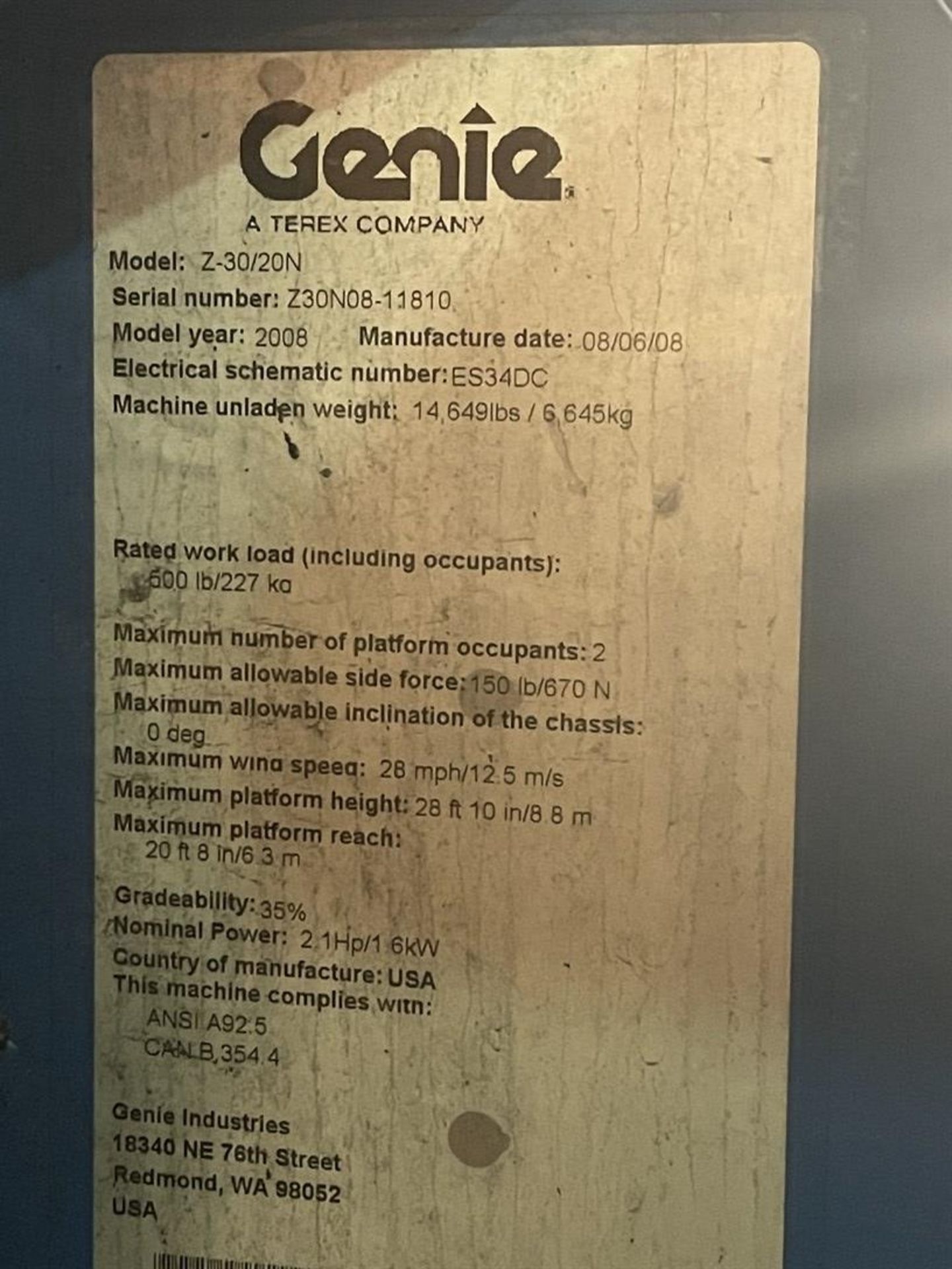 2008 GENIE Z30/20N Articulate Boom Lift, s/n Z30N08-11810, 500 Lb. Max Work Load, Max (2) Occupants, - Image 8 of 8
