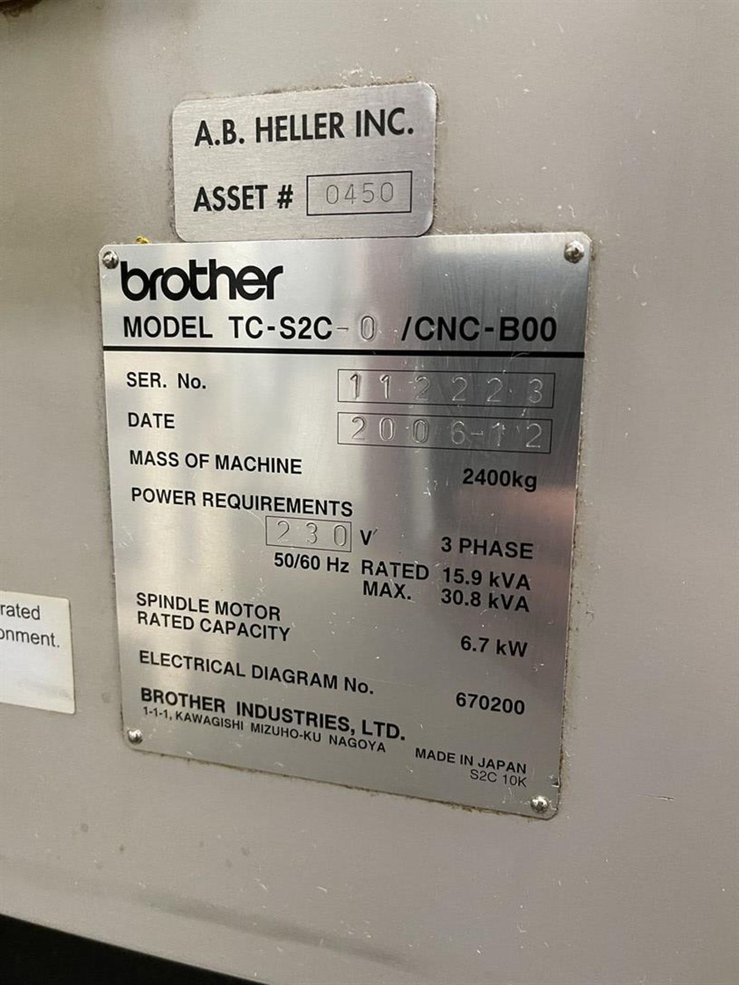 2006 BROTHER TC-S2C-O CNC Tapping Center, s/n 112223, 12.5" x 31.5" Table, 20-ATC, BT30 Spindle - Image 7 of 7
