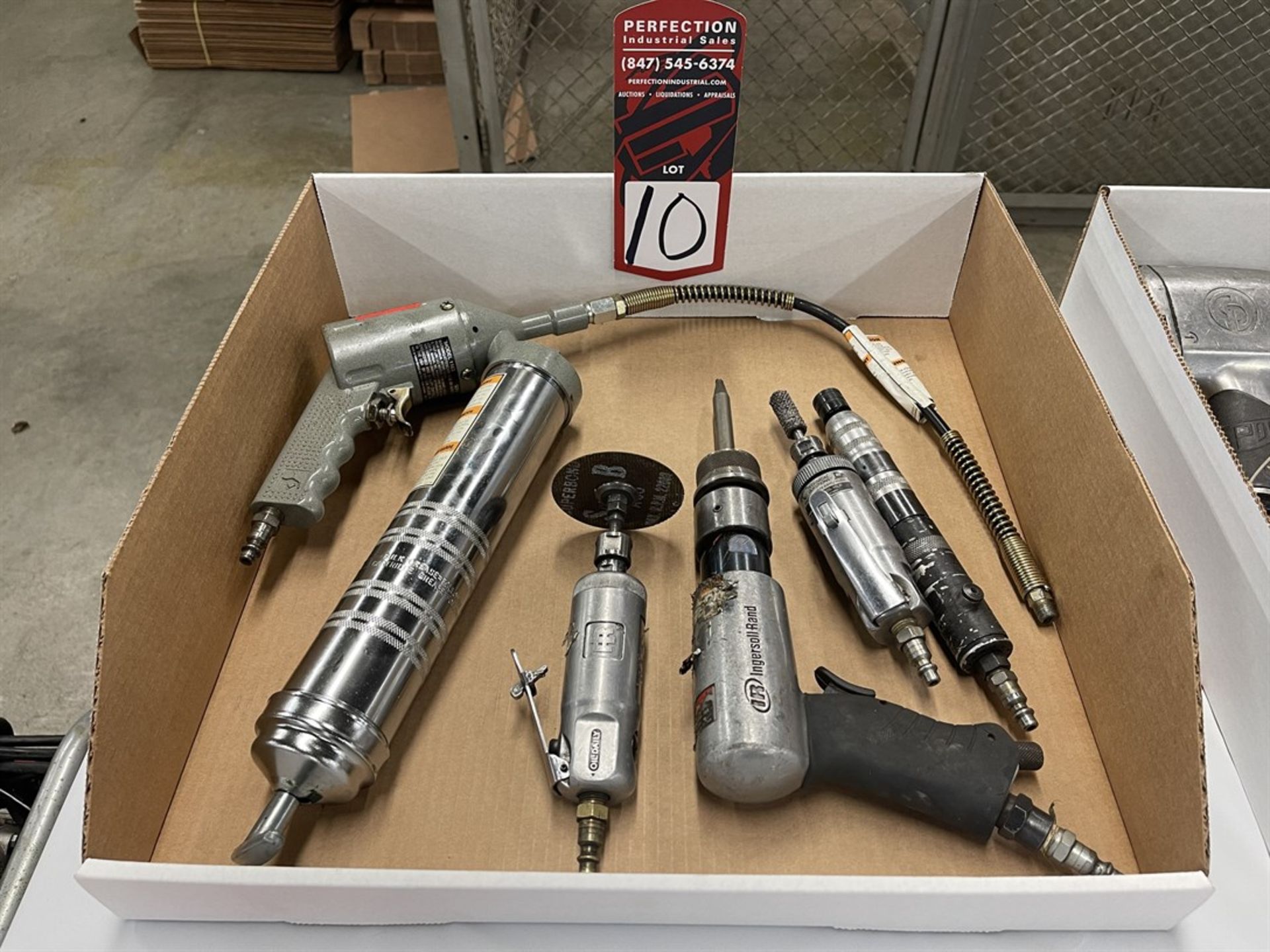 Lot Comprising Assorted Pneumatic Tools Including Air Hammer, Die Grinders and Grease Gun