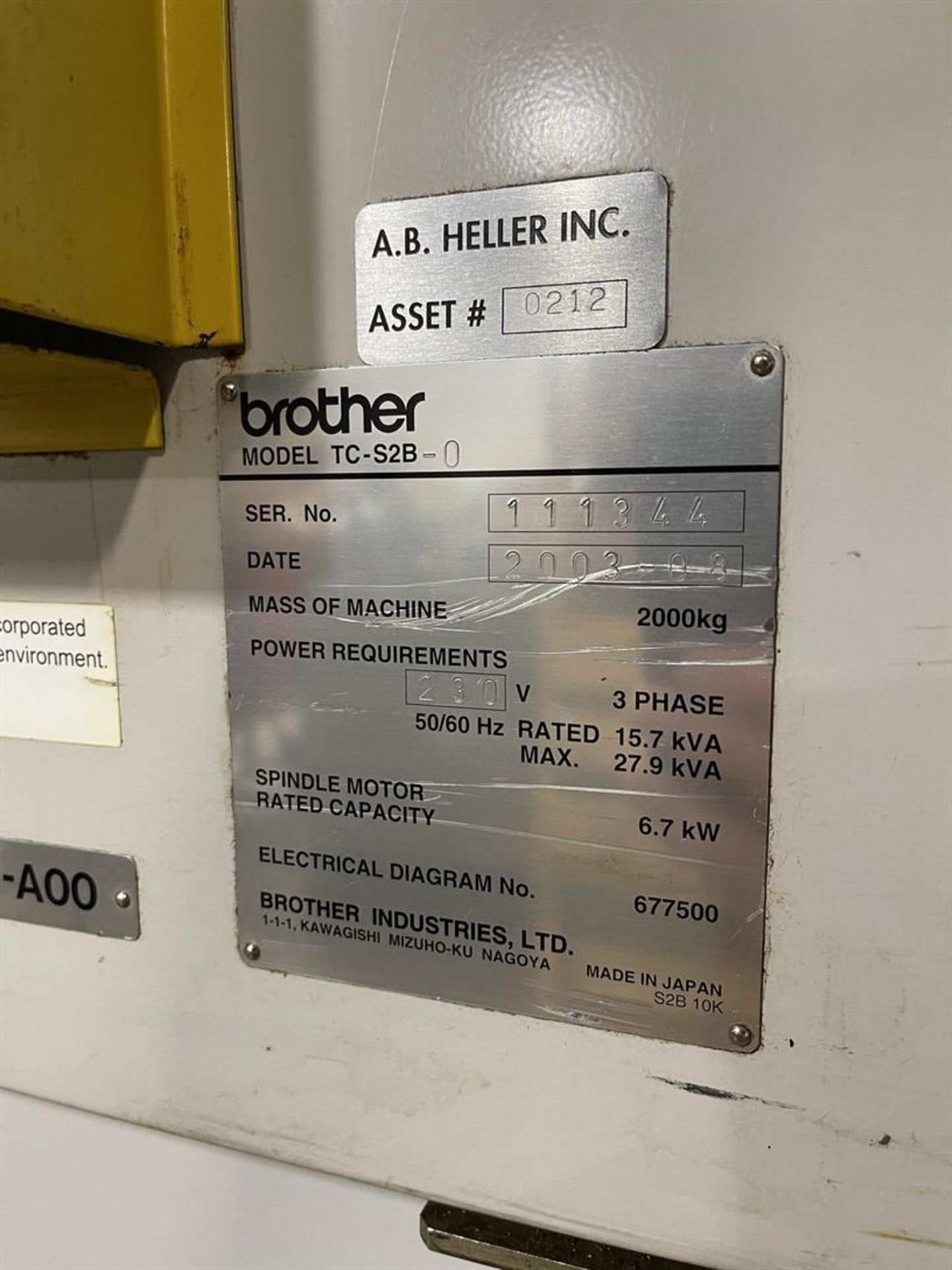 2003 BROTHER TC-S2B-O CNC Tapping Center, s/n 111344, 12.5" x 31.5" Table, 21-ATC, BT30 Taper, 27. - Image 7 of 7