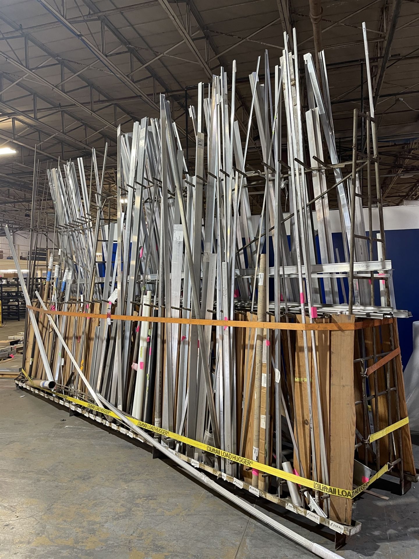 Dual Sided Stock Rack w/ Contents Including Assorted 2024, 6061 and 7075 Aluminum Extrusions and