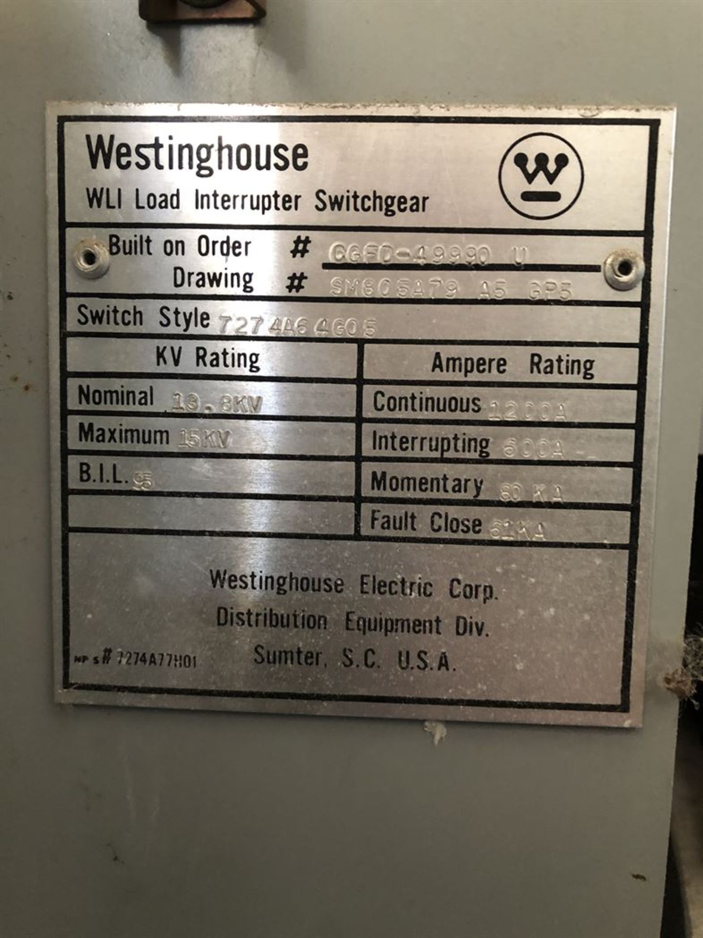 WESTINGHOUSE WLI Load Interrupter Switchgear, 7274A64G05 Switch Style - Image 3 of 3