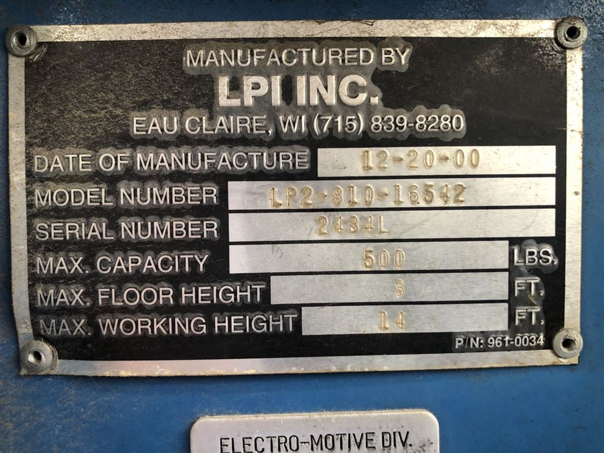 LPI LP2-810-16542 3-Axis Man Lift, 500 lb Capacity, s/n 2434L, (MSB Docks) - Image 3 of 3
