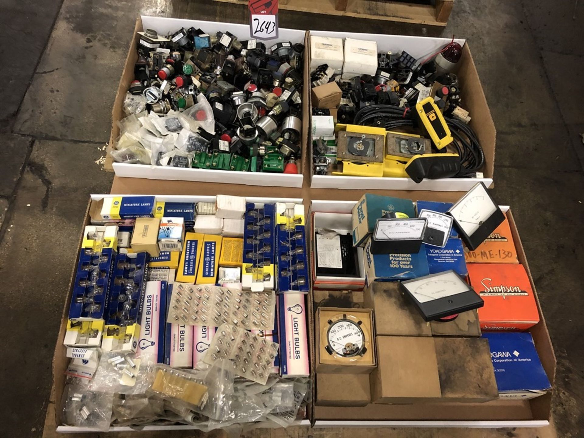 Lot Comprising Assorted Electronics Including Light Bulbs, Button Switches, and Amp Gages, (21L)