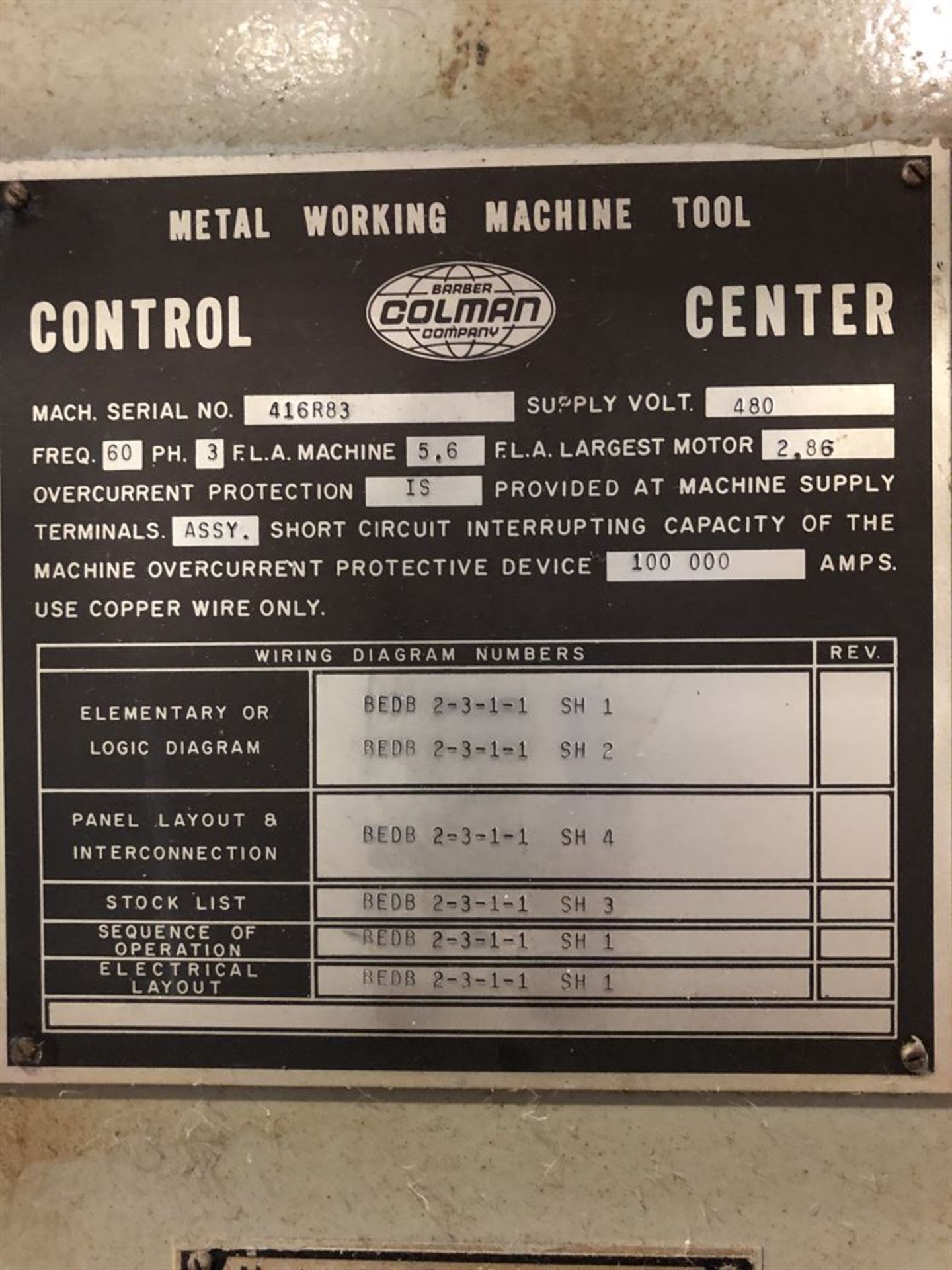 BARBER COLMAN Metal Working Machine Tool Grinder, s/n 416R83, 3 Phase, (29C) - Image 6 of 6