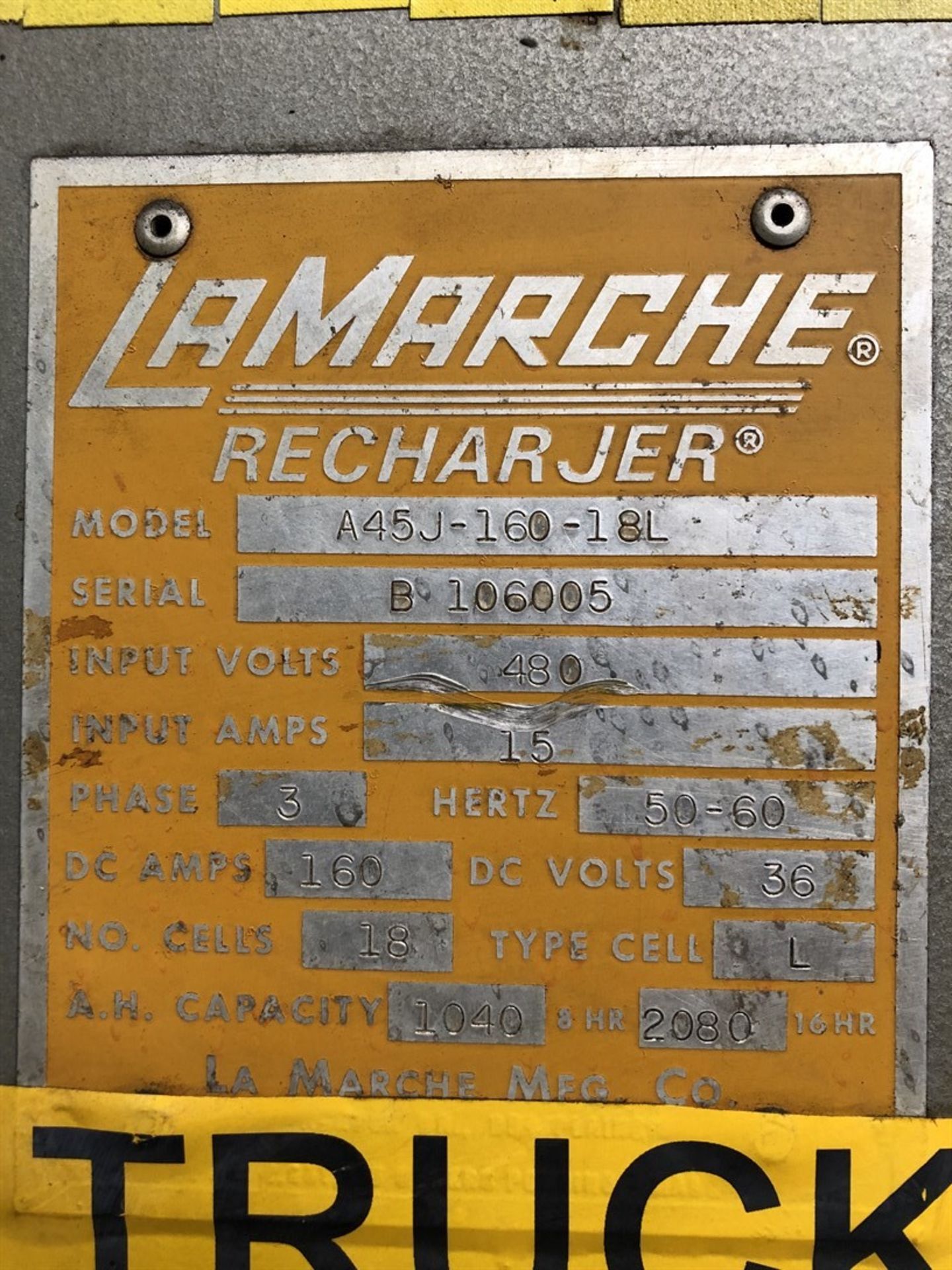 LAMARCHE RECHARJER A45J-160-18L L Type Battery Charger, s/n B 106005, (13O) - Image 2 of 2