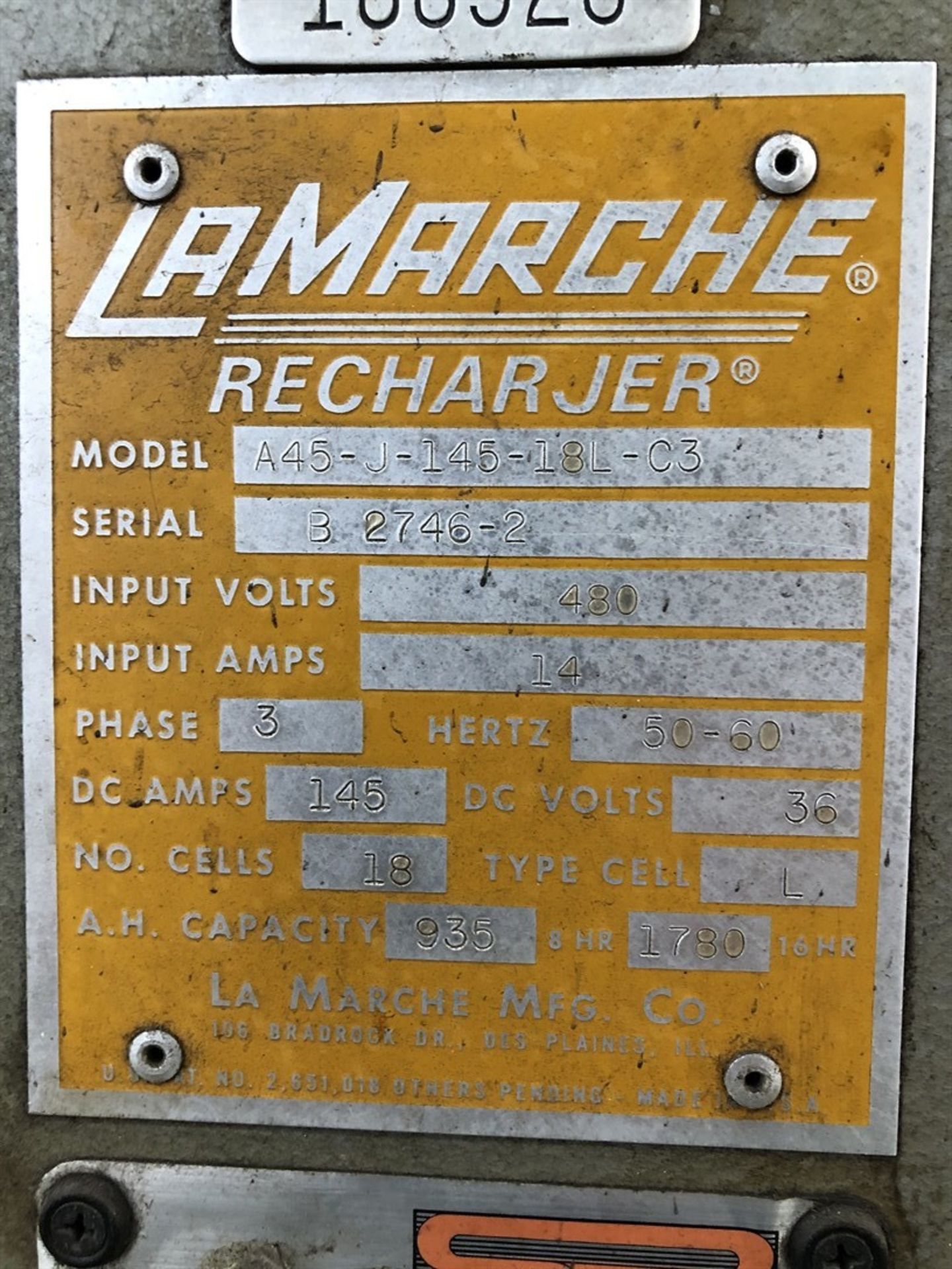 LAMARCHE RECHARJER A45-J-145-18L-C3, L Type Battery Charger, s/n B2746-2, (L34 MSB) - Image 2 of 2