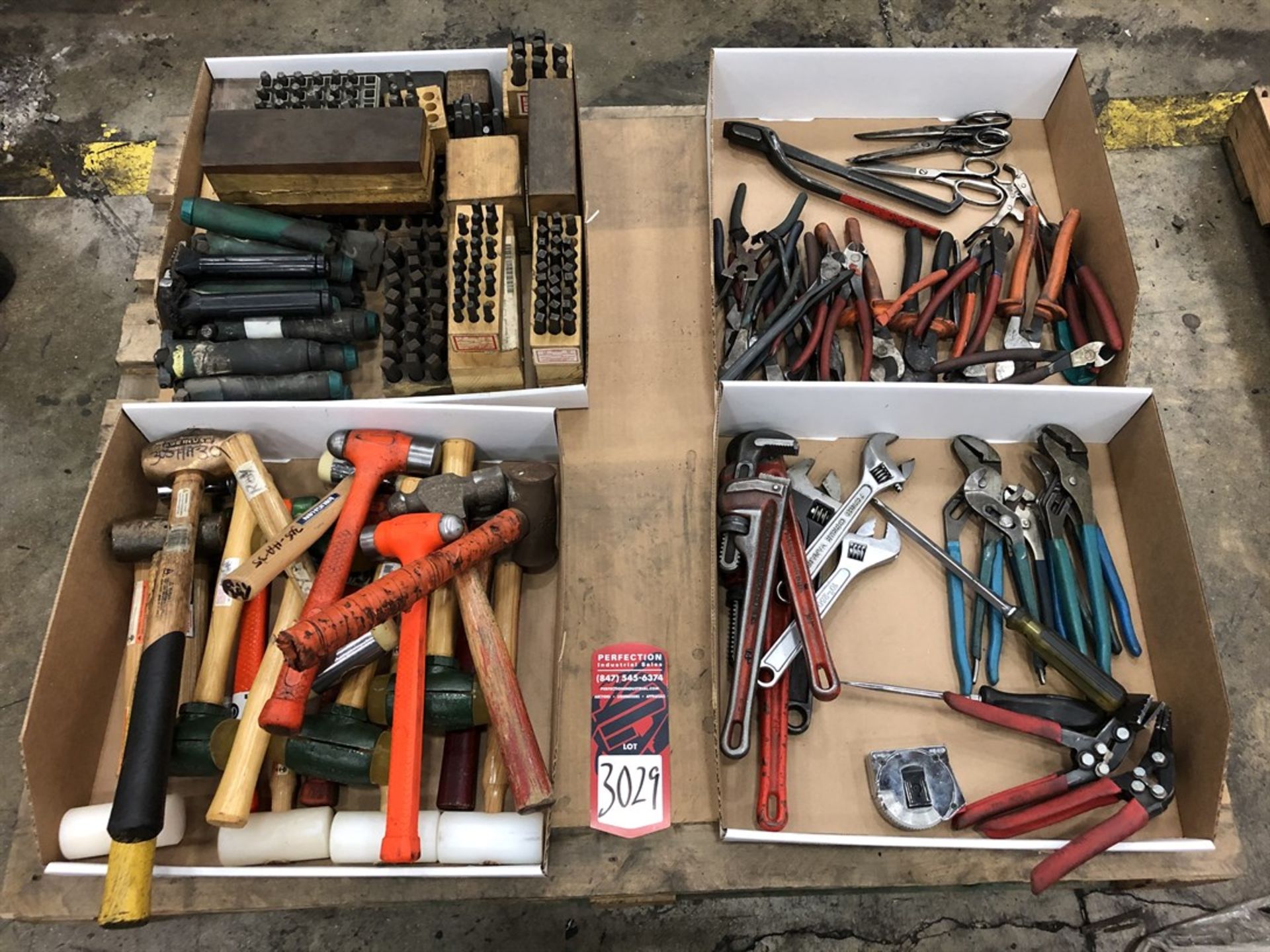 Lot Misc. Tools, Hammers, Mallets, Pliers, Snips, Assorted Letter, Number Stamps, (5G)