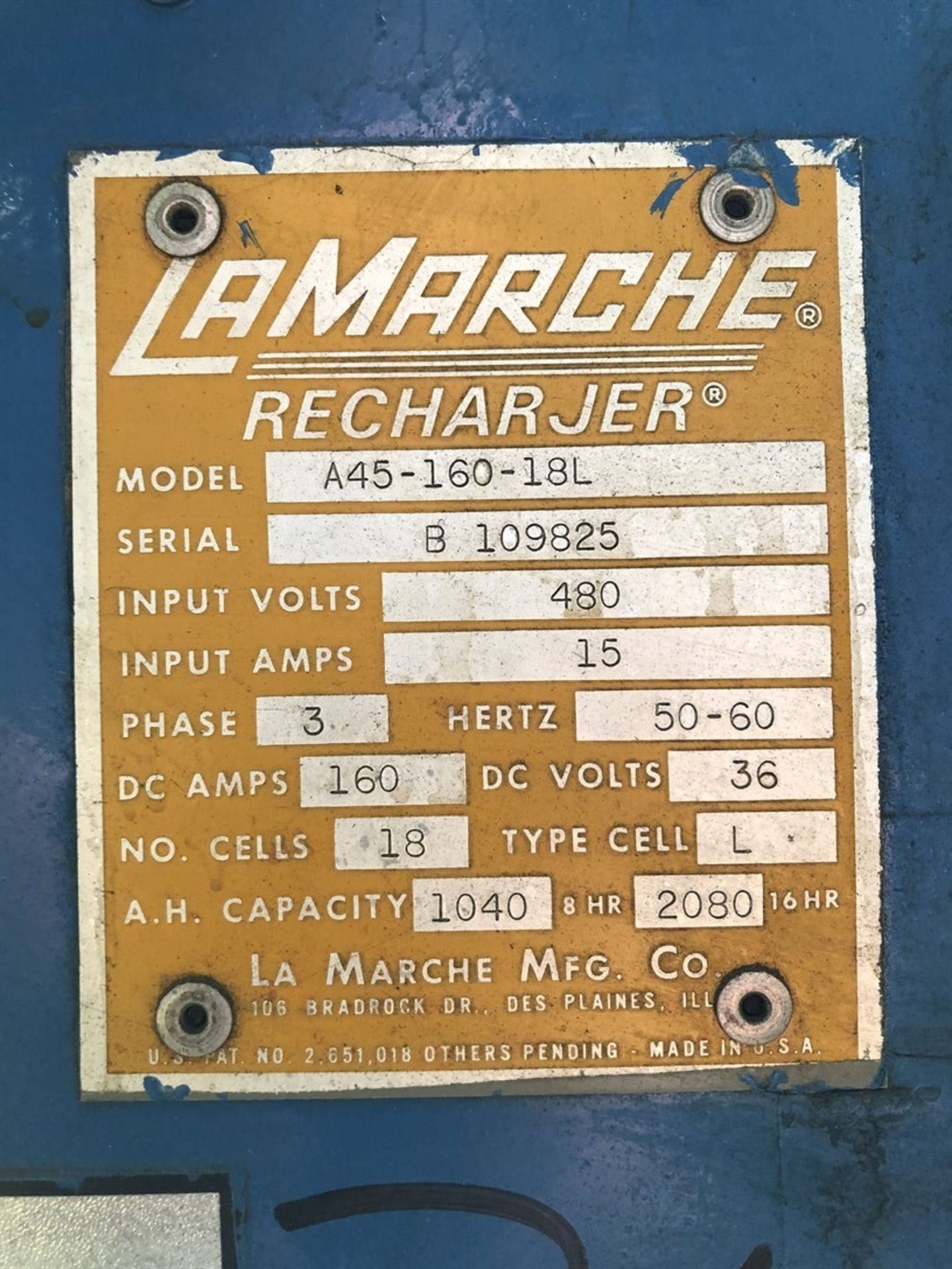 LAMARCHE RECHARJER A45-160-18L, L Type Battery Charger, s/n B 109825, (17T) - Image 2 of 2