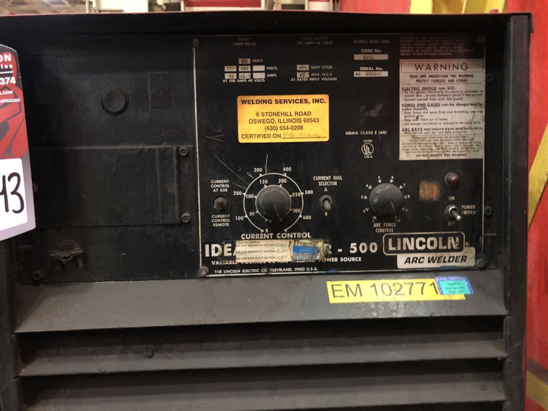 LINCOLN IDEALARC R3R-500 Arc Welding Power Source, s/n AC-639846, (5L) - Image 2 of 2