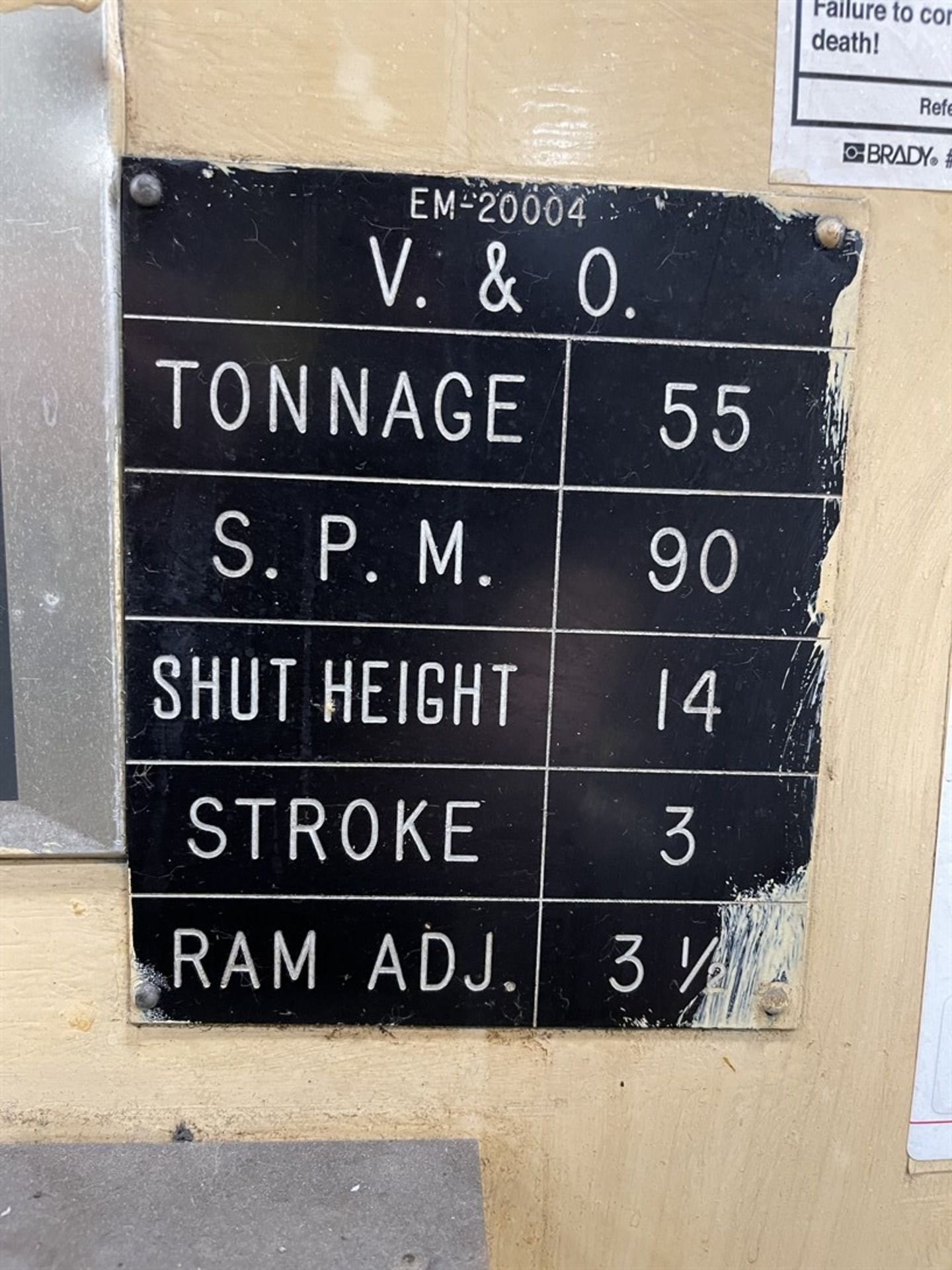 V & O No. 5 55 Ton OBI Press, s/n 505-26, w/3” Stk, 3.5” Adj, 14” SH, 90 SPM (E15) - Image 5 of 5