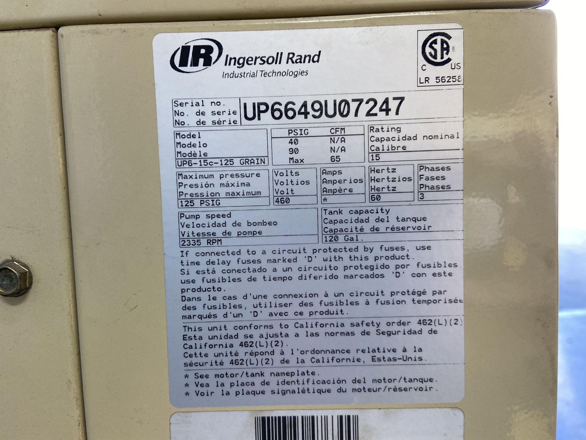 Ingersoll Rand UP6-15C-125 Air Compressor, s/n UP6649U07247, w/ Ingersoll DS50 Dryer - Image 2 of 3