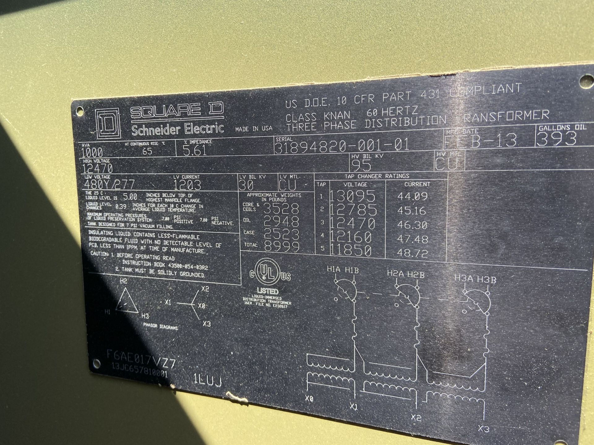 2013 Schneider Electric Square D 1000 KVA Class KNAN 3 Phase Transformer, s/n 31894820-001-01, w/ - Image 3 of 6