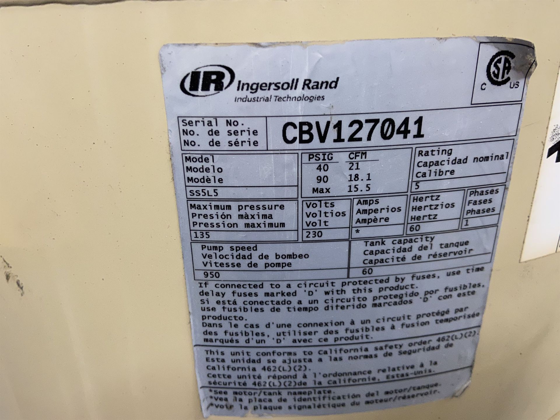 Ingersoll Rand SS 515 5 hp Tank Mount Air Compressor - Image 2 of 3