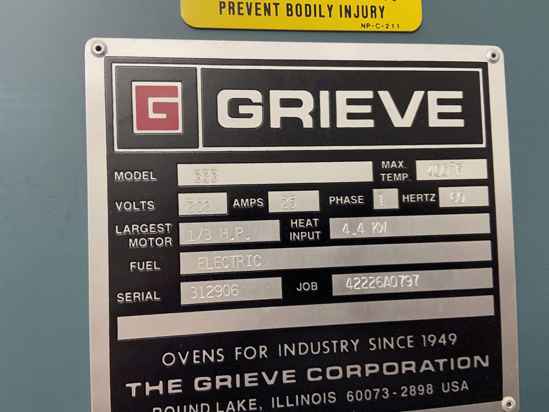 Grieve 323 Electric Oven, 400 D F Max, 34" x 36" x 2" deep, s/n 312906 - Image 2 of 3