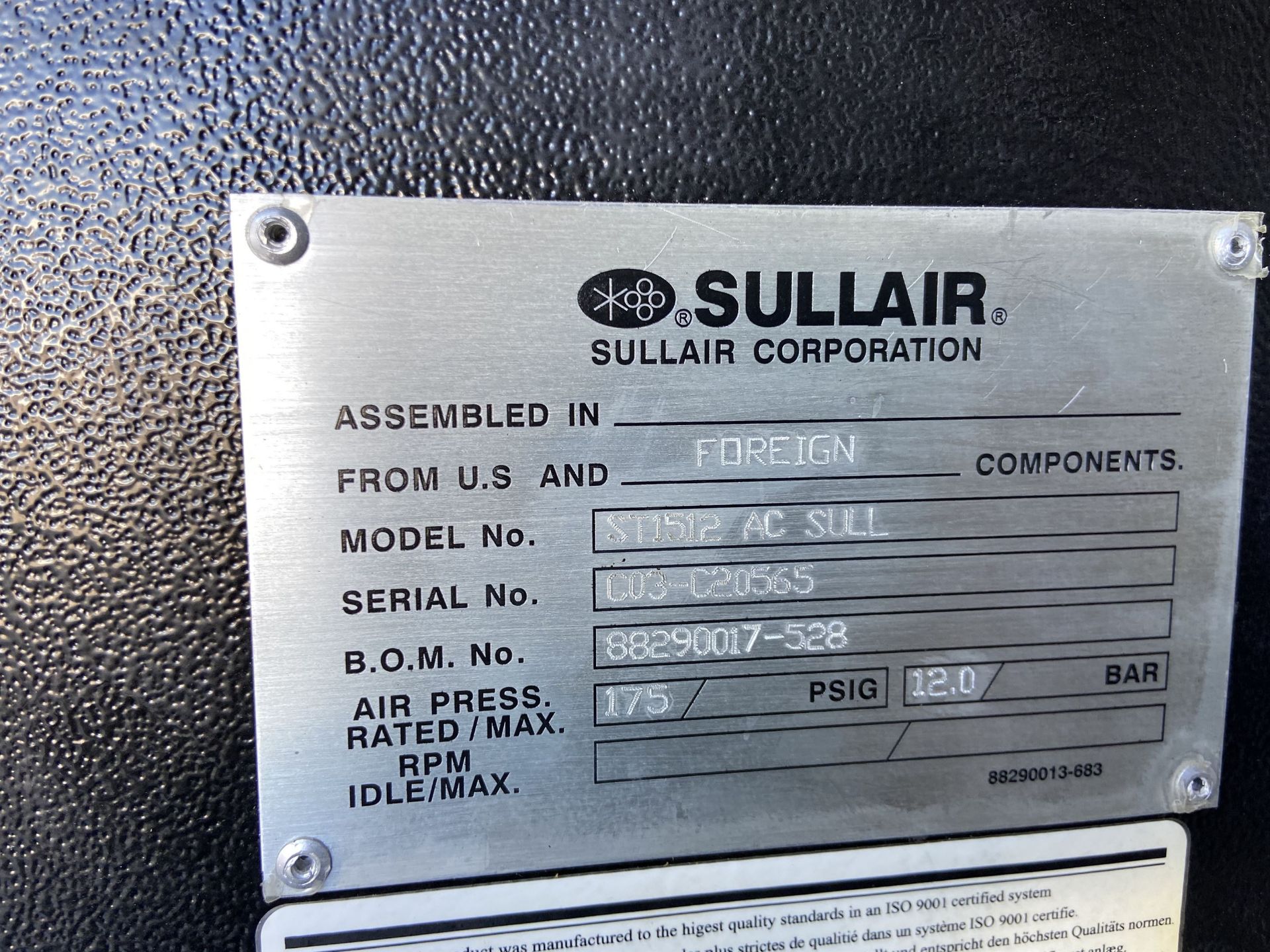 Sullair Shoptek ST1500 Air Compressor Package, s/n C03-C02565, w/ Built-On Dryer - Image 2 of 4
