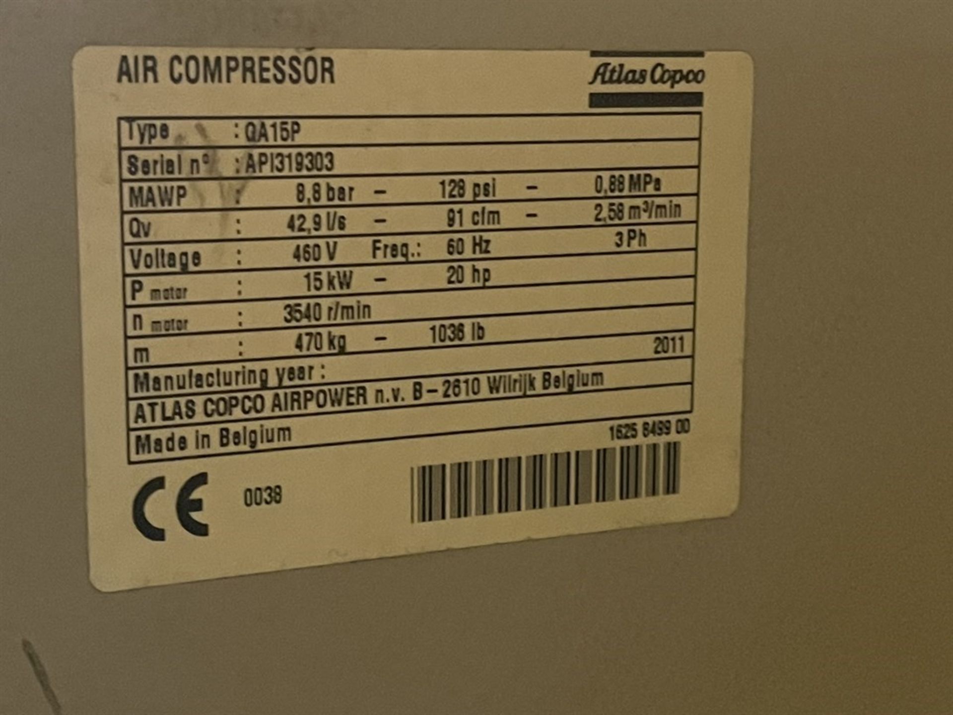 ATLAS COPCO QA15P 20 HP Air Compressor, s/n API319303, 128 PSI, (Fab Shop) - Image 3 of 3