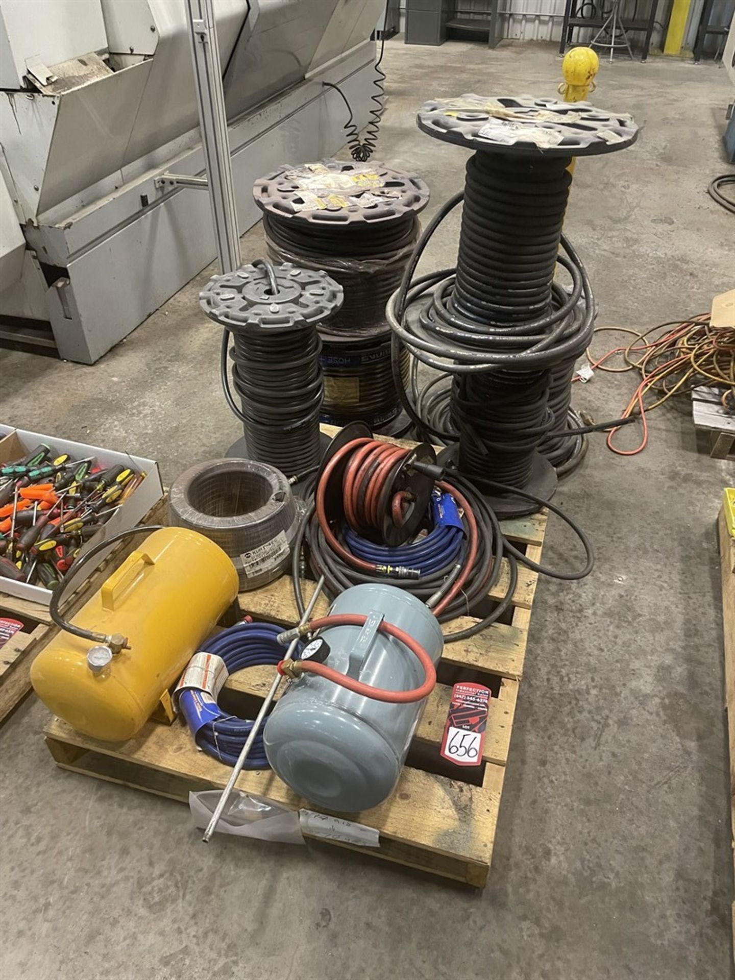 Pallet of Air Hoses, Air Tanks and Hose Reels