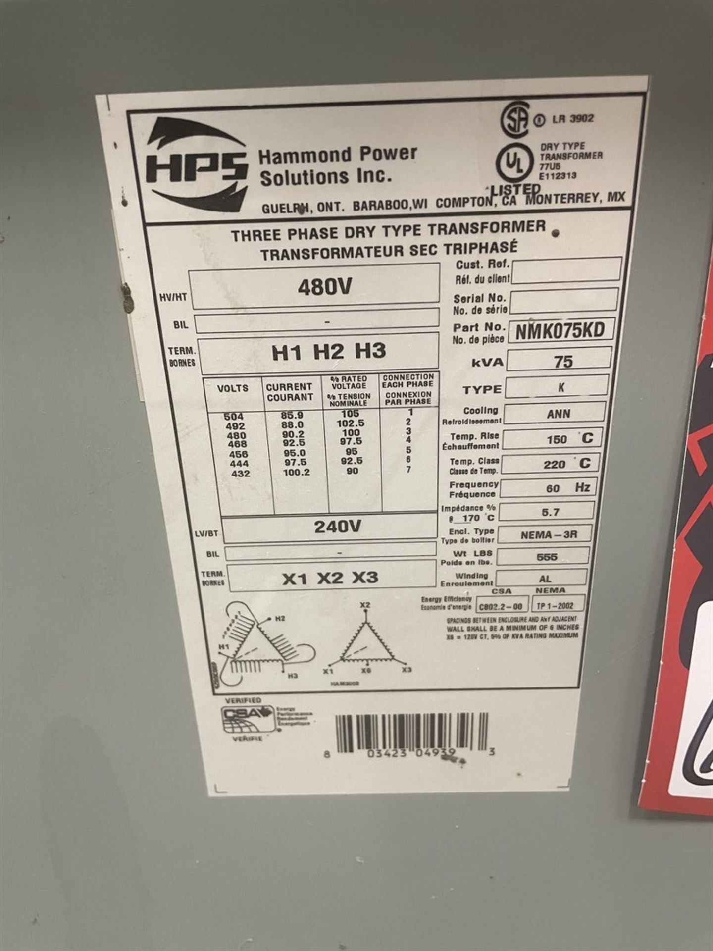 Hammond Power Solutions 75 KVA Transformer - Image 2 of 2