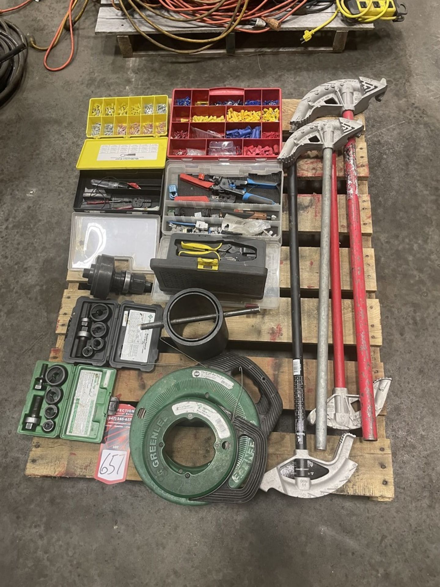 Pallet of Greenlee Knock out Punch Kits, Greenlee Fish Tapes, Conduit Benders and Assorted Crimps