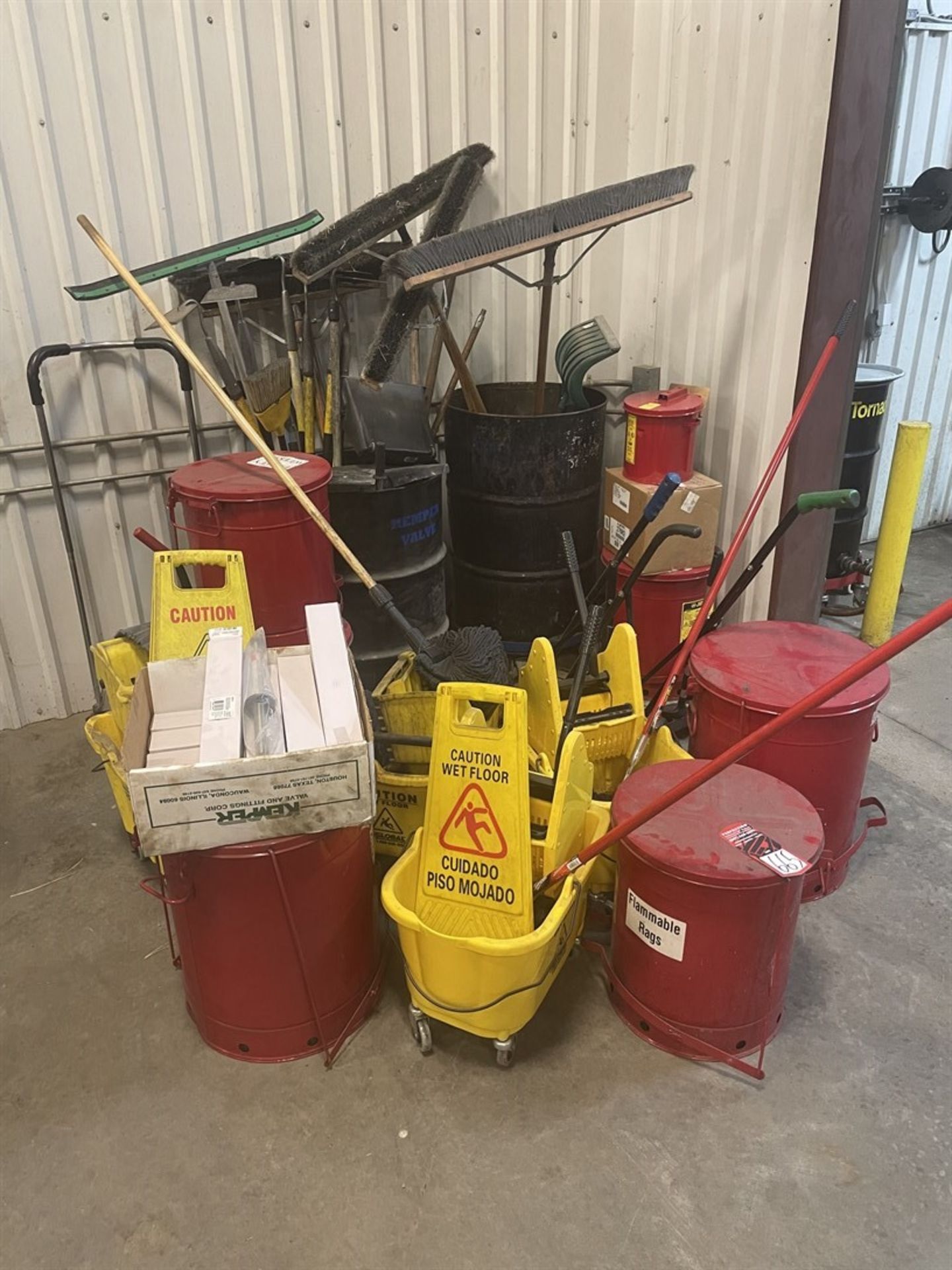 Lot Consisting of Mop Buckets, Rag Buckets, Bessy MW-1 Magnetic Cleaners, Hand Held Floor Sweeper