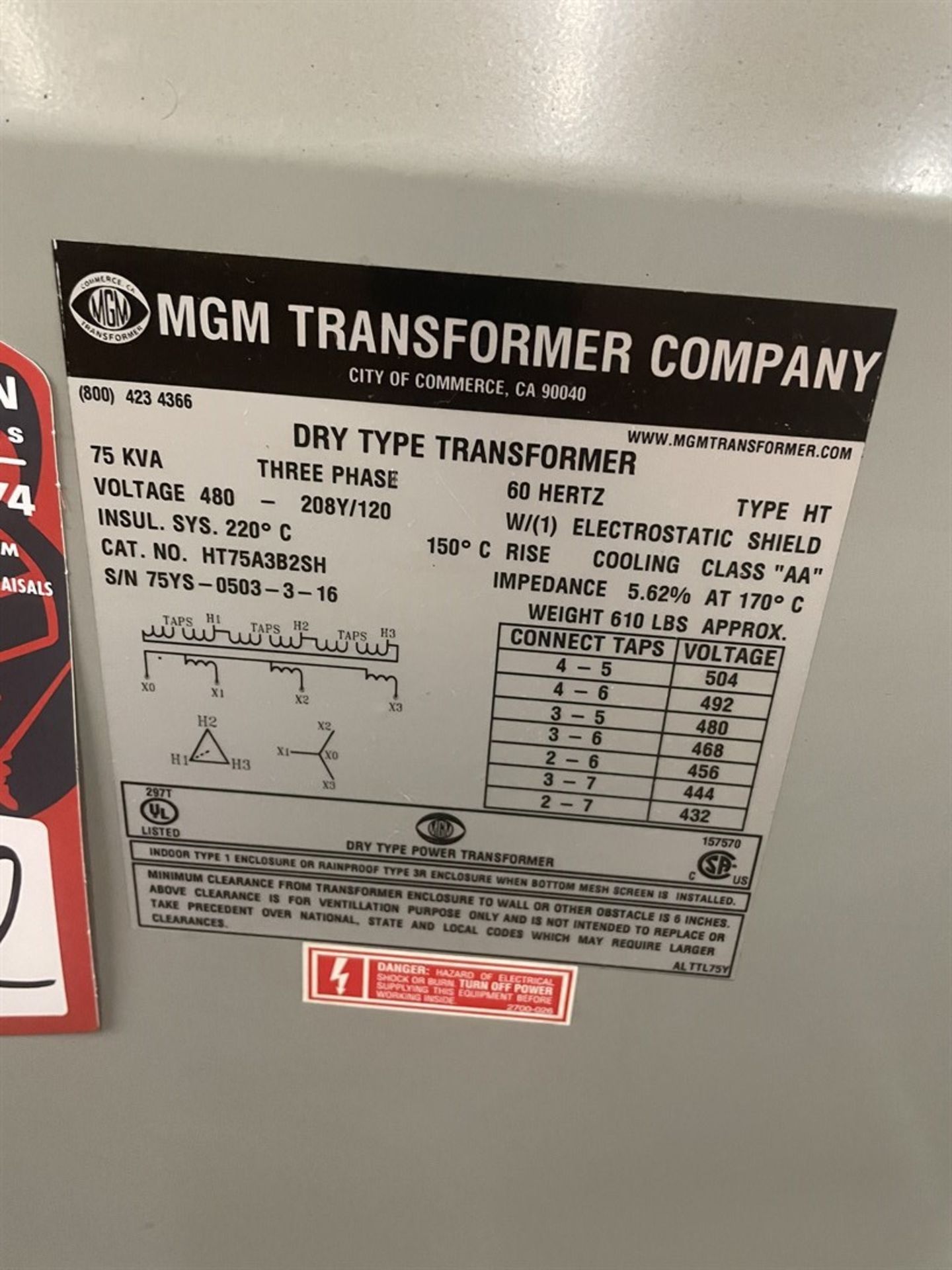 MGM Transformer Company 75 KVA Transformer - Image 2 of 2