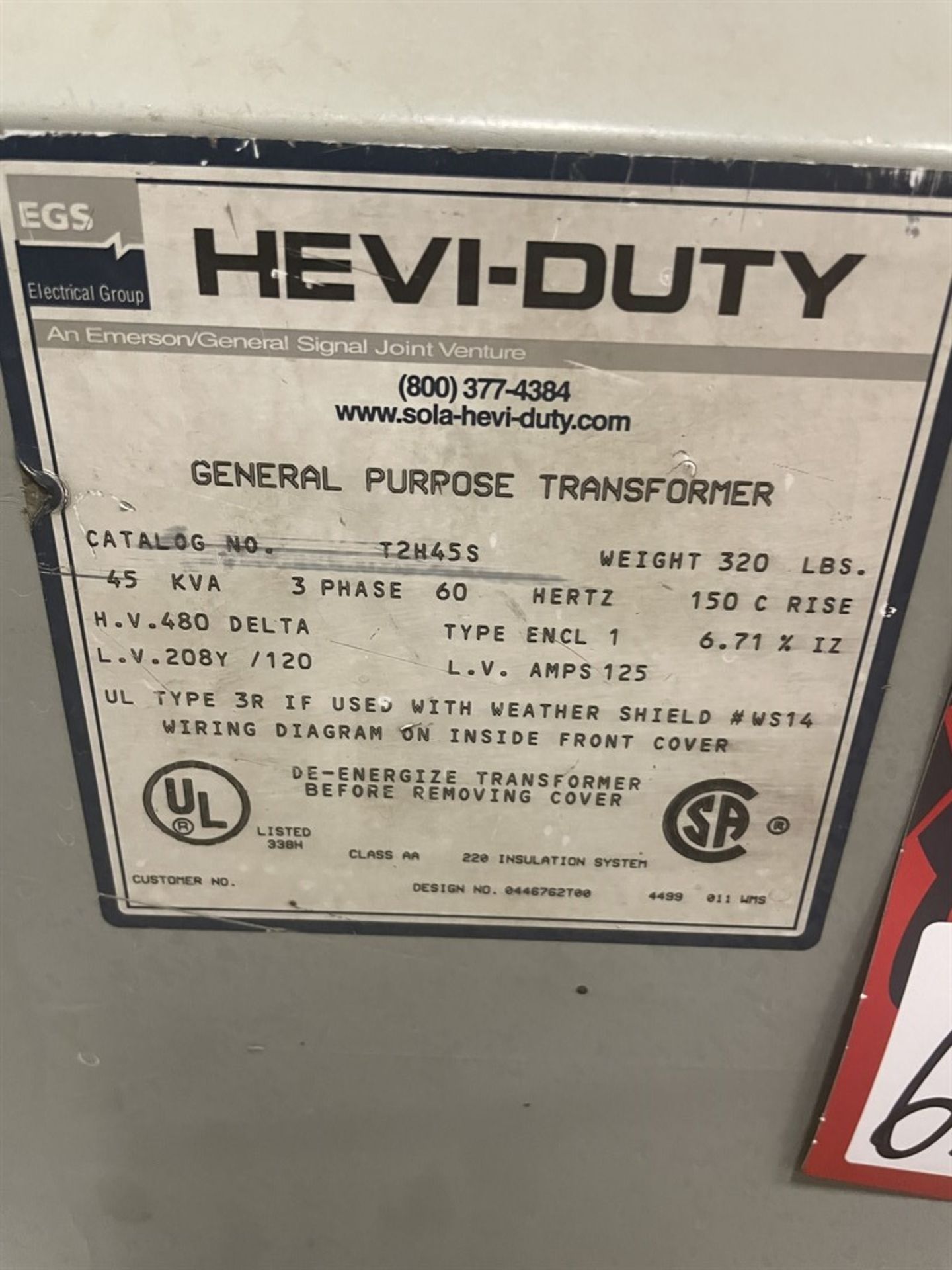 Hevi-Duty 45 KVA Transformer - Image 2 of 2