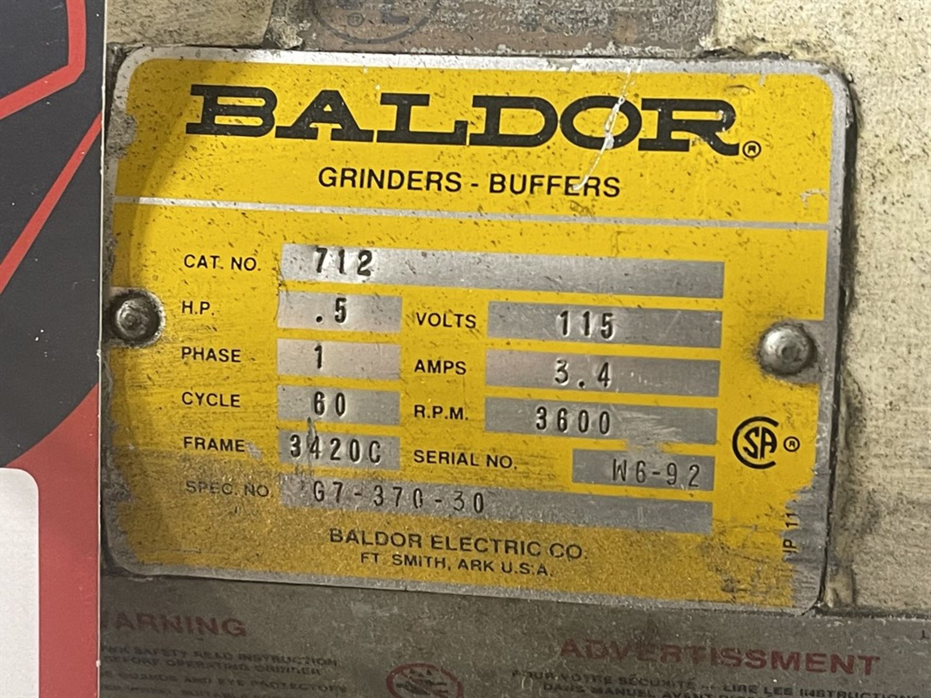 BALDOR 712 Pedestal Grinder, s/n W6-92, 1/2 HP, 3600 RPM - Image 4 of 4