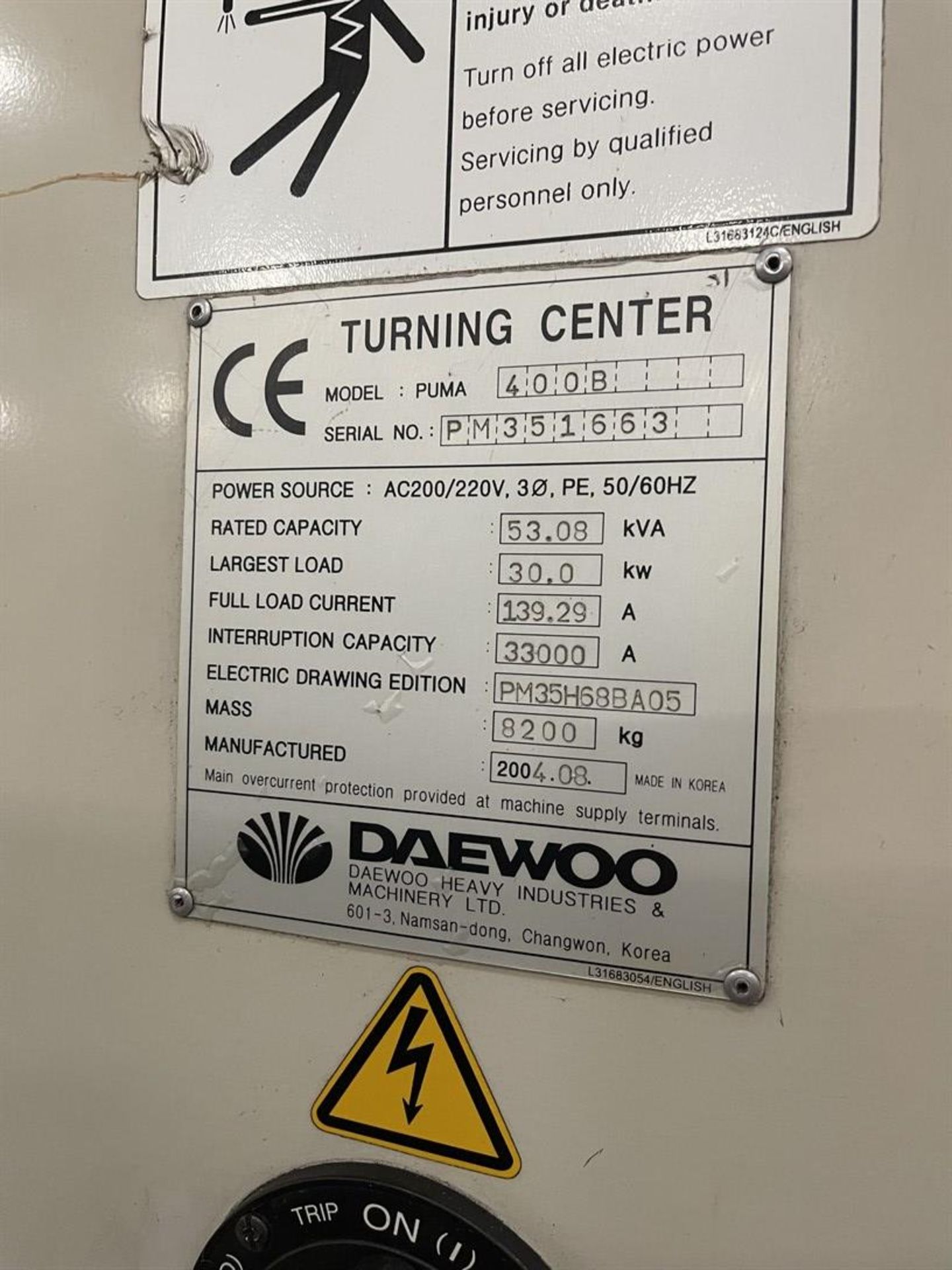 2004 DOOSAN PUMA 400B CNC Turning Center, s/n PM351663, Fanuc 21i-TB Control, 15” 3-Jaw Chuck, 10- - Image 10 of 10