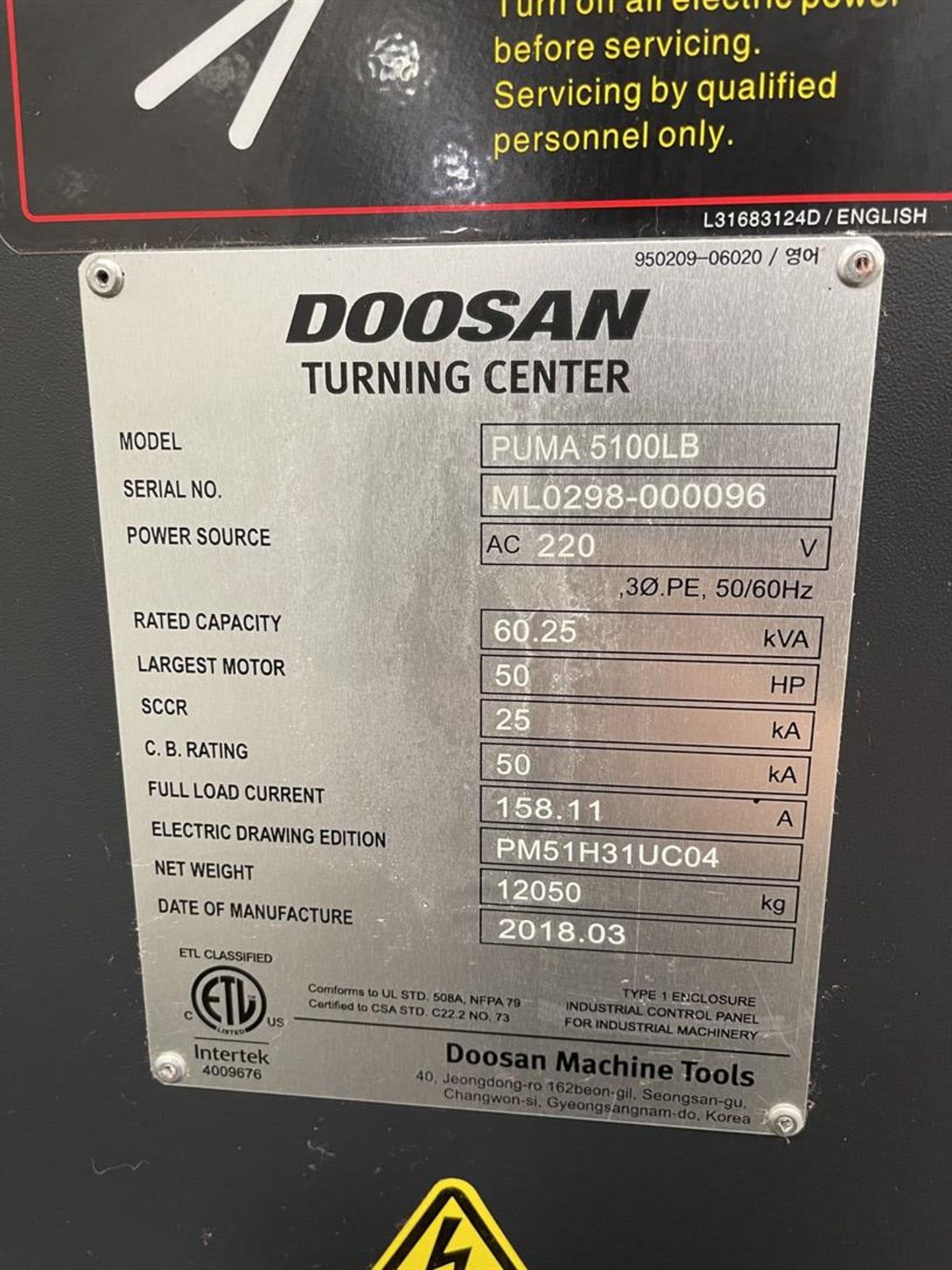 2018 DOOSAN PUMA 5100LB CNC Turning Center, s/n ML0298-000096, Doosan Fanuc I Series Control, 31” - Image 11 of 15