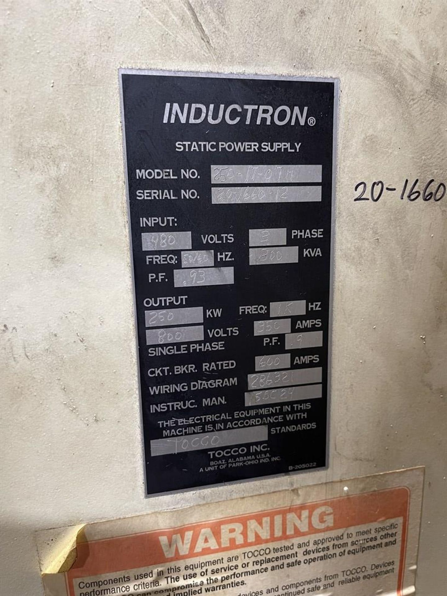 TOCCO 250-IT-07H Induction Heater/Bending System, s/n 20-1660-12, Allen Bradley Control, 250 KW, - Image 5 of 6