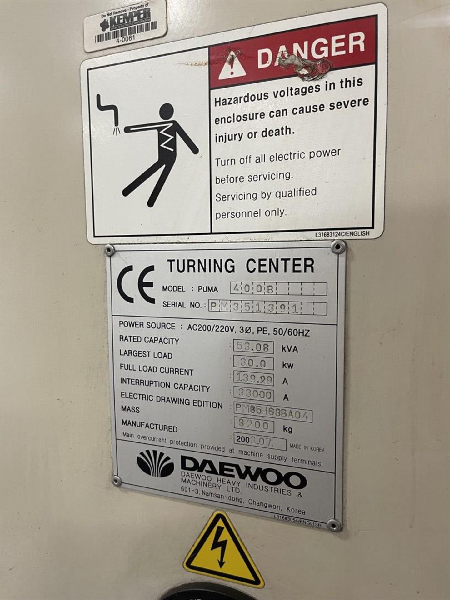 2003 DAEWOO PUMA 400B CNC Turning Center, s/n PM351391, Fanuc 18i-TB Control, 15” 3-Jaw Chuck, 10- - Image 10 of 10