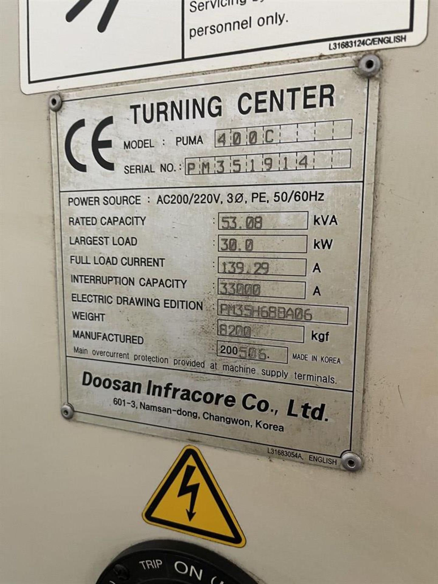 2005 DOOSAN PUMA 400C CNC Turning Center, s/n PM351914, Fanuc 21i-TB Control, 16” 3-Jaw Chuck, 12- - Image 11 of 11