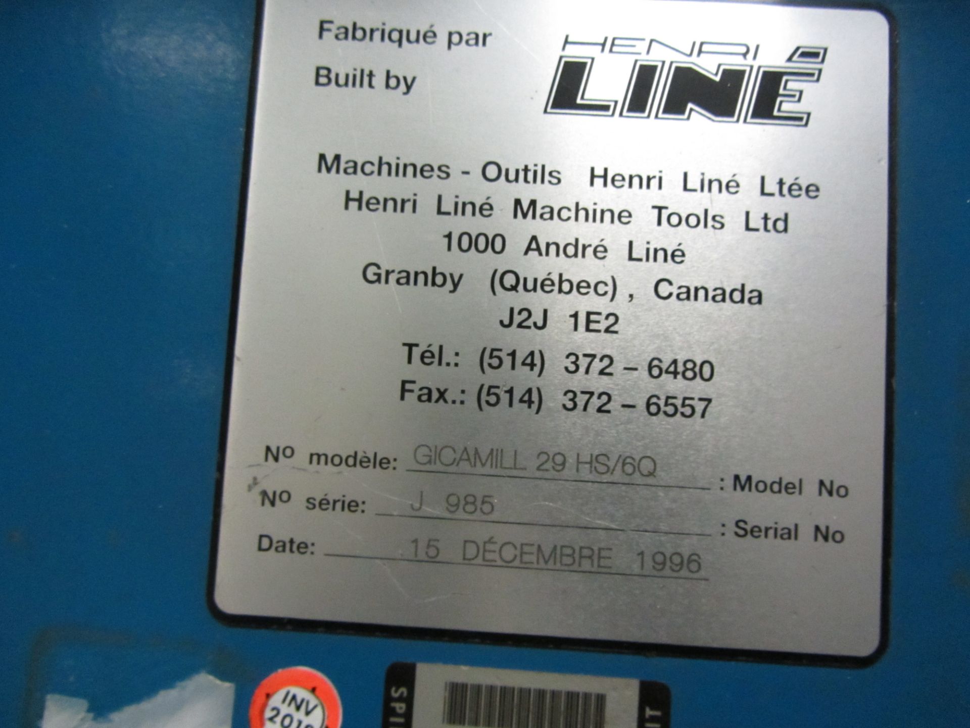 HENRI LINE GICAMILL29HS/6Q 6 Axis Milling Machine, s/n 9851, w/ GE FANUC 15-M Control, 8’ x 13’ - Image 9 of 9