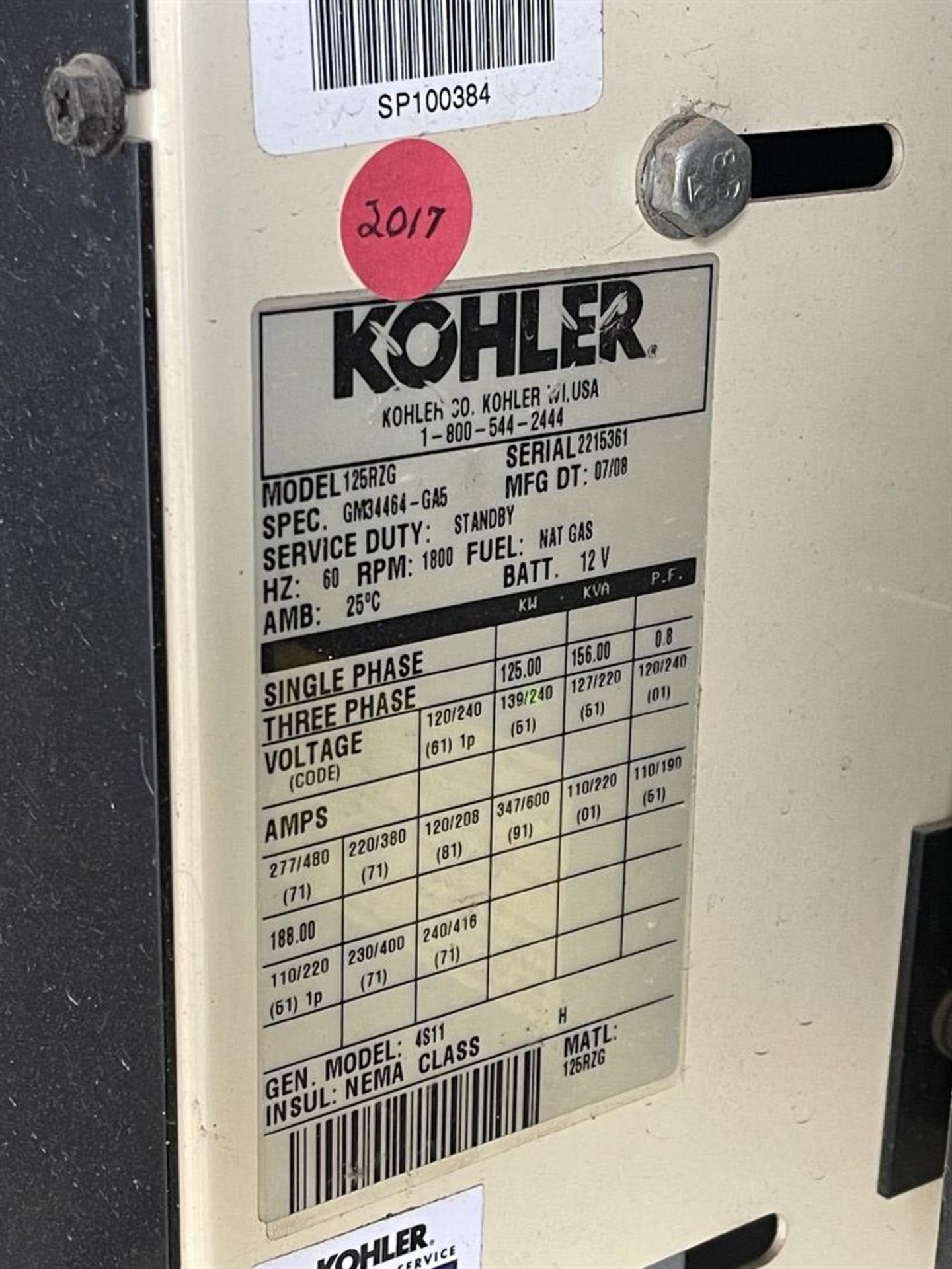 2008 KOHLER 125RZG Generator, s/n 2215361, 125 KW, 156 KVA - Image 6 of 6