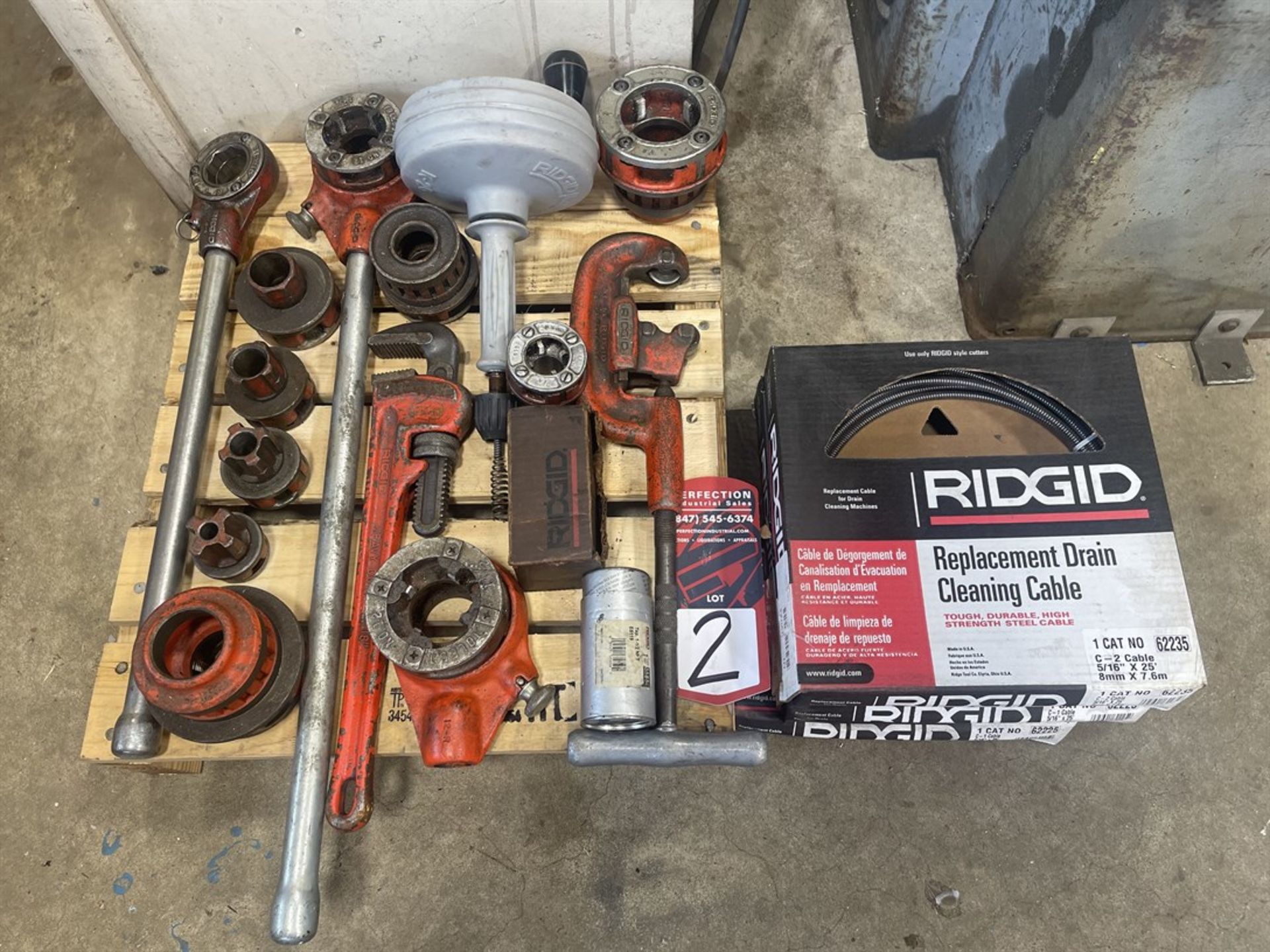 Lot Comprising Ridgid Pipe Threader Dies, Handles, Cleaning Cable and Pipe Wrench