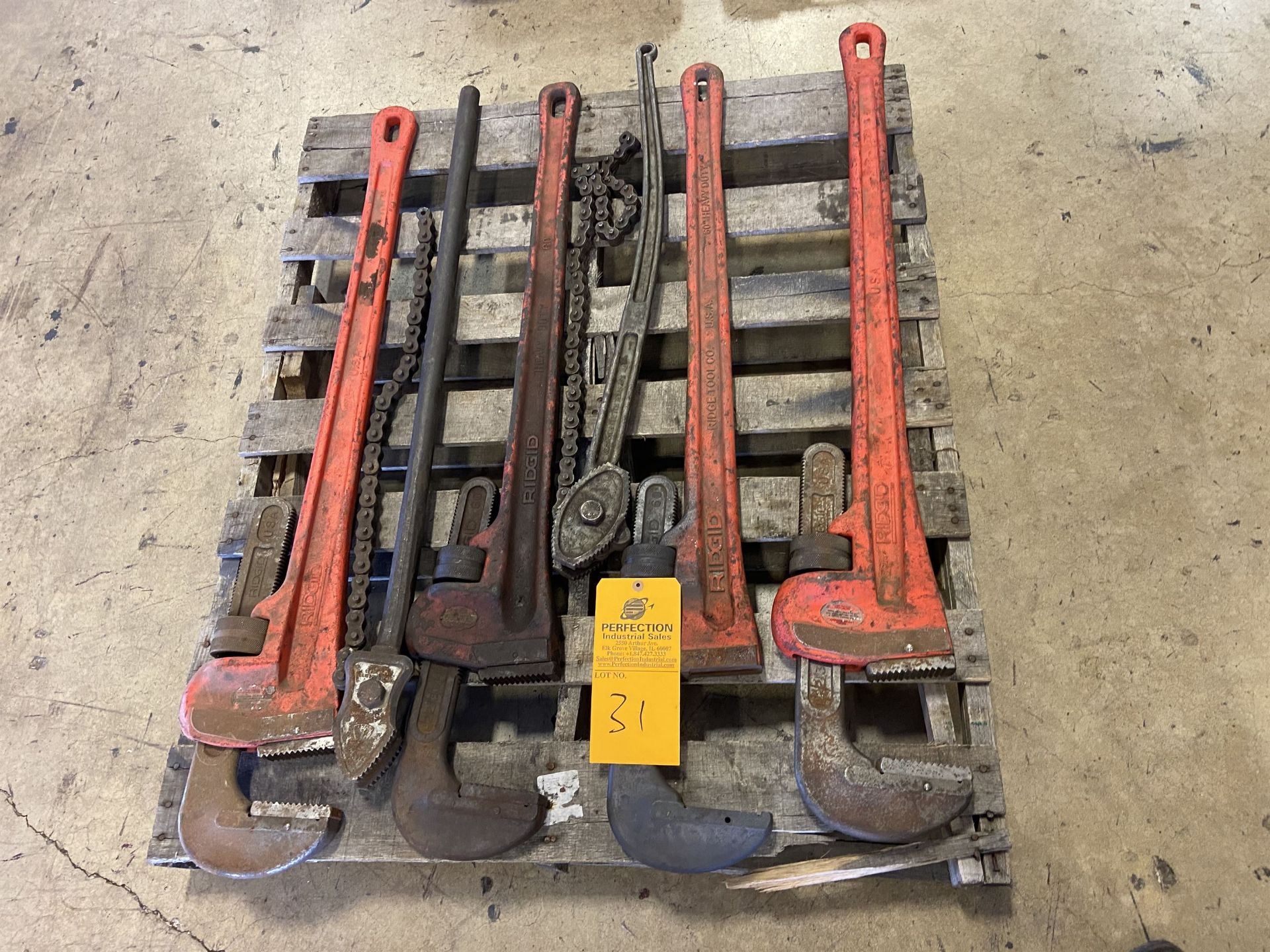 Lot of (4) 60" Rigid Pipe wrenches and (2) Chain wrenches