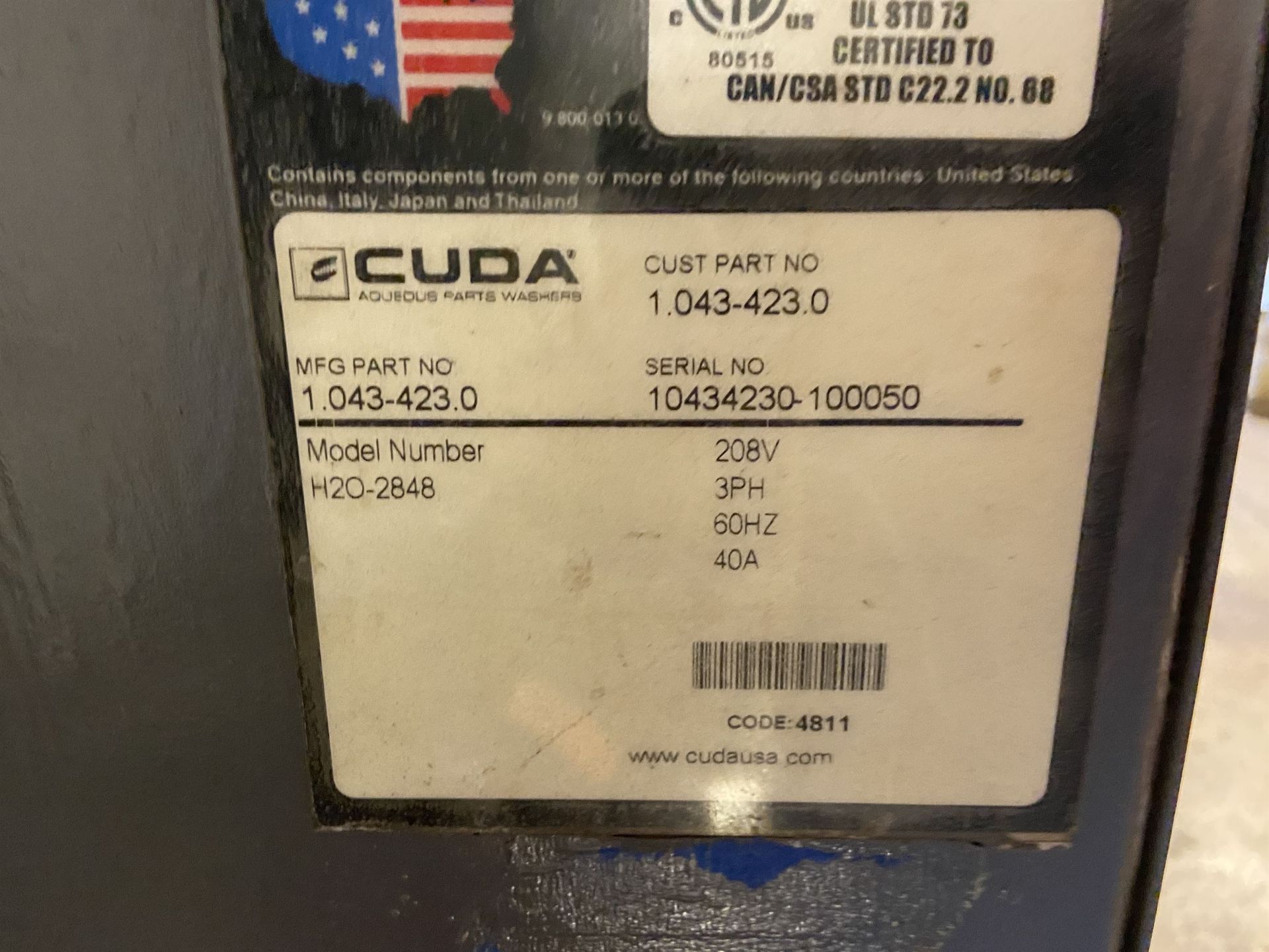 Cuda Model H20-2848 Parts washer, Equipped with Electric Heat, Cycle Timer, Skimmer, s/n 10434230- - Image 4 of 4