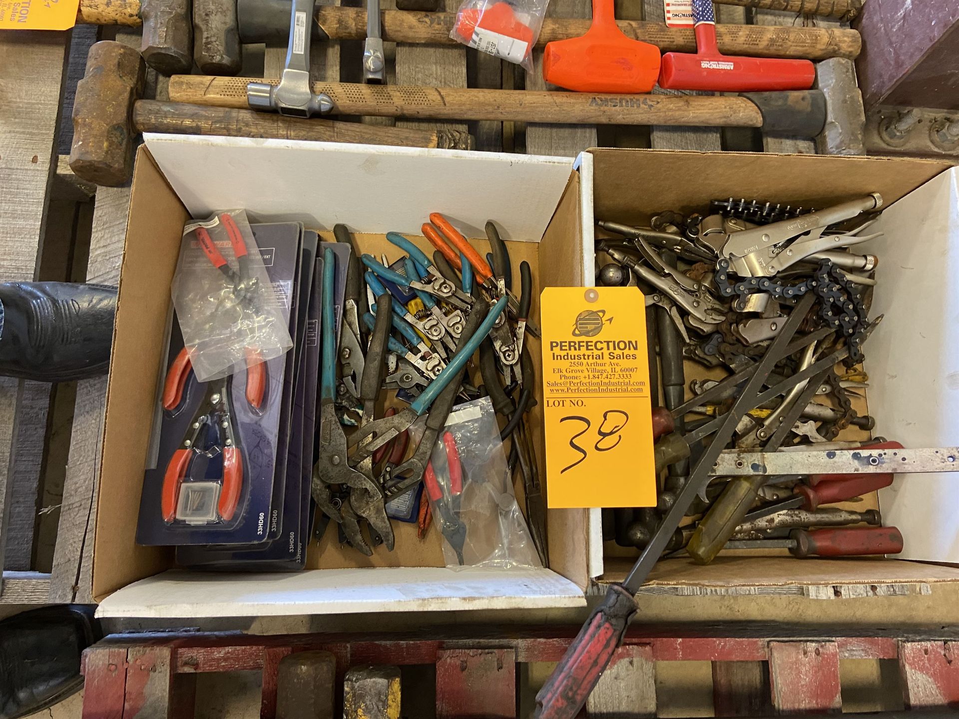 Lot of (2) Boxes of Pliers, Pry Bars, Vice rips, Etc.….