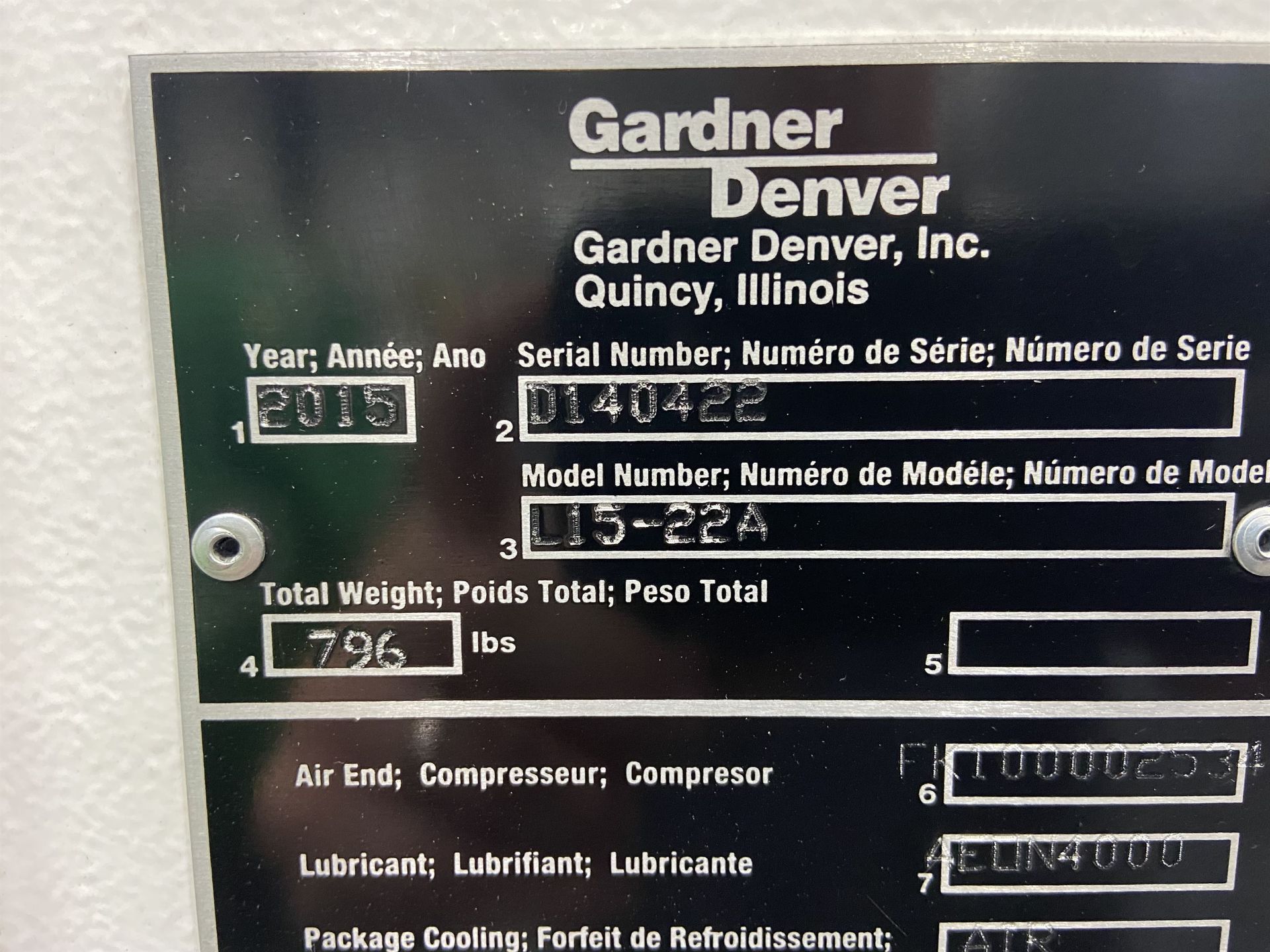 2015 GARDNER DENVER L15-22A 20 hp Tank Mounted Air Compressor/Dryer Package, s/n 0140422 - Image 3 of 5