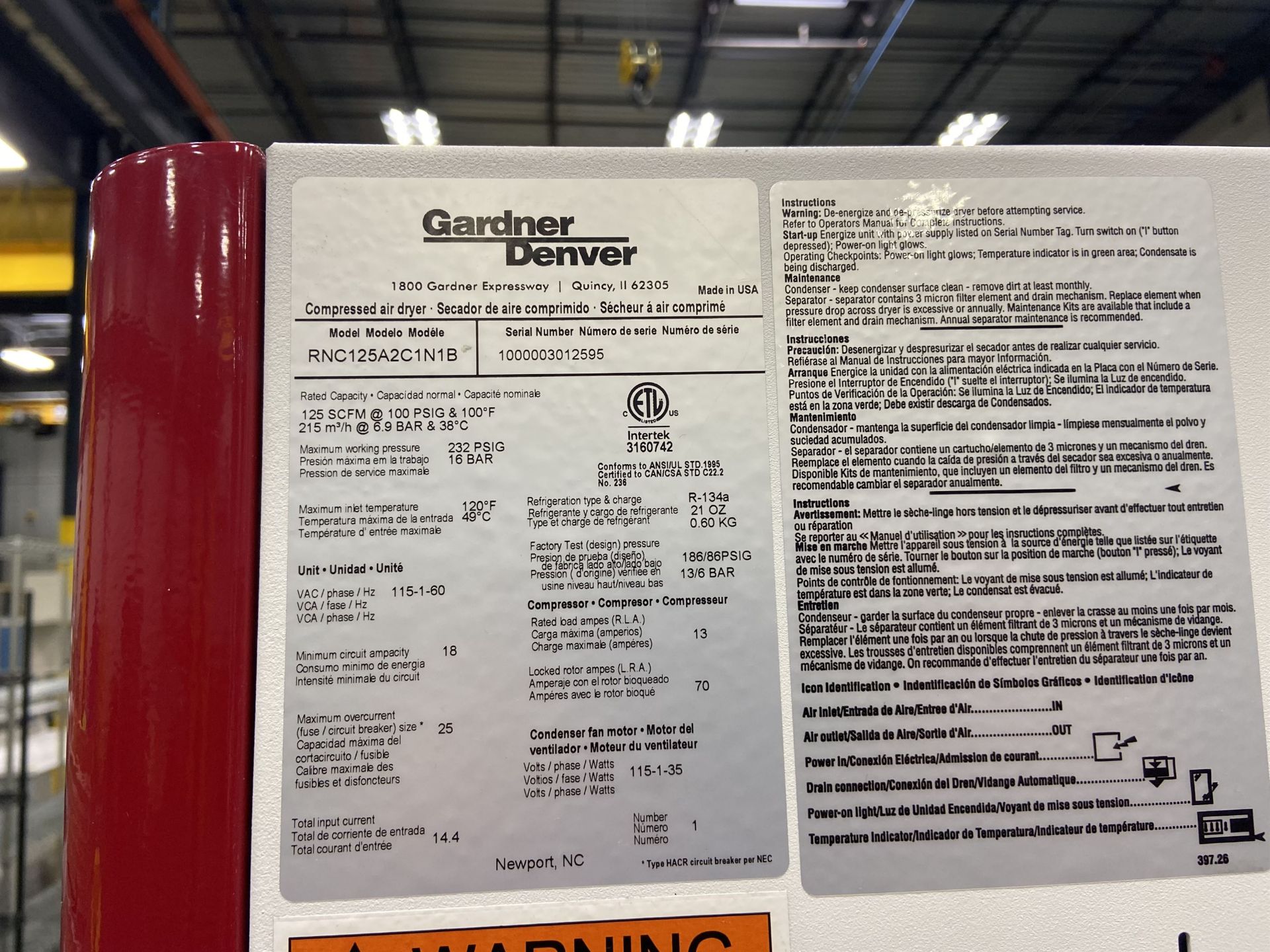 2015 GARDNER DENVER L15-22A 20 hp Tank Mounted Air Compressor/Dryer Package, s/n 0140422 - Image 2 of 5