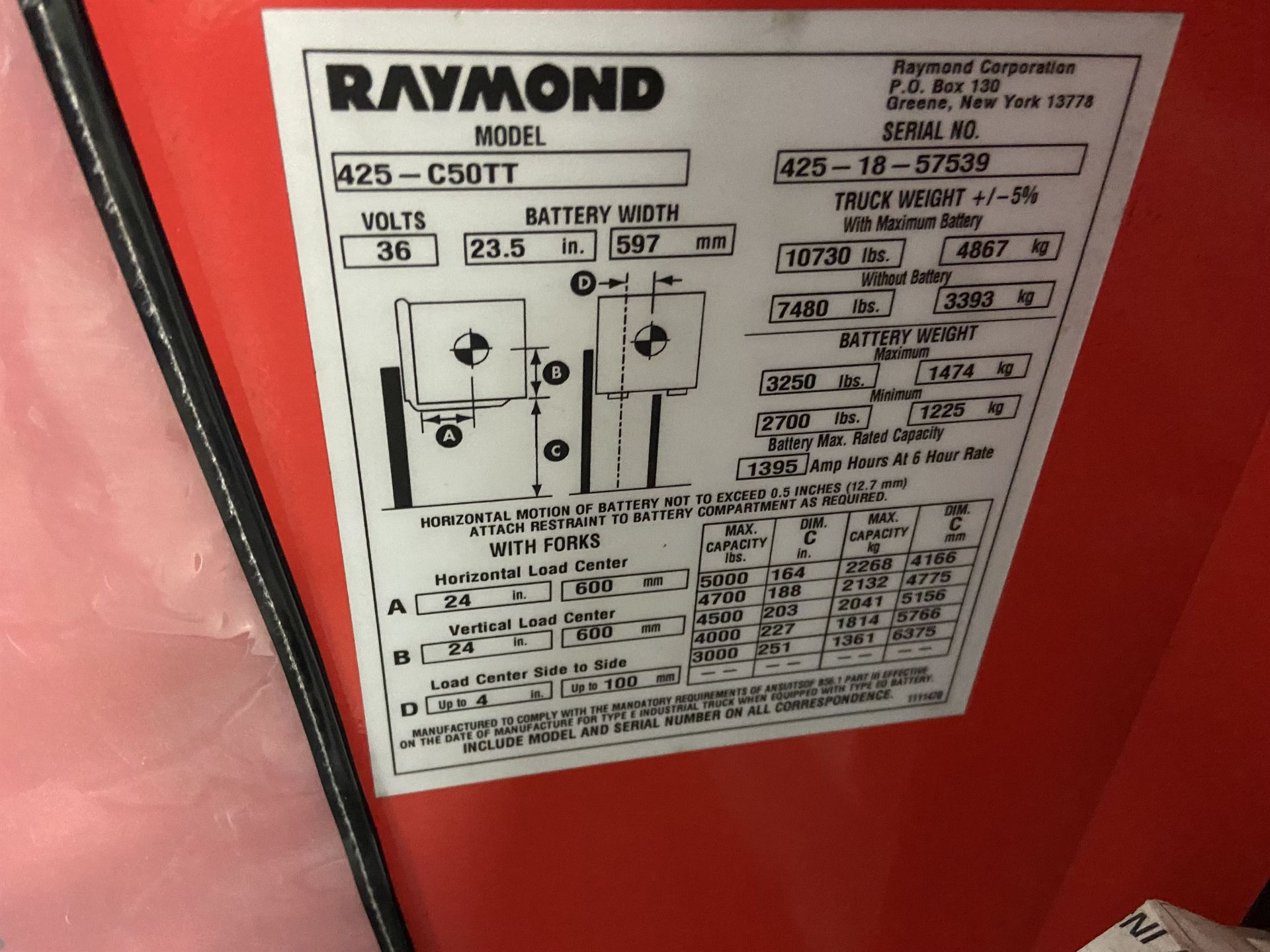 2018 RAYMOND 425-C50TT 5,000 lb Electric Stand Up Forklift, s/n 425-18-57539, w/ 36V Charger, 251" - Image 2 of 5