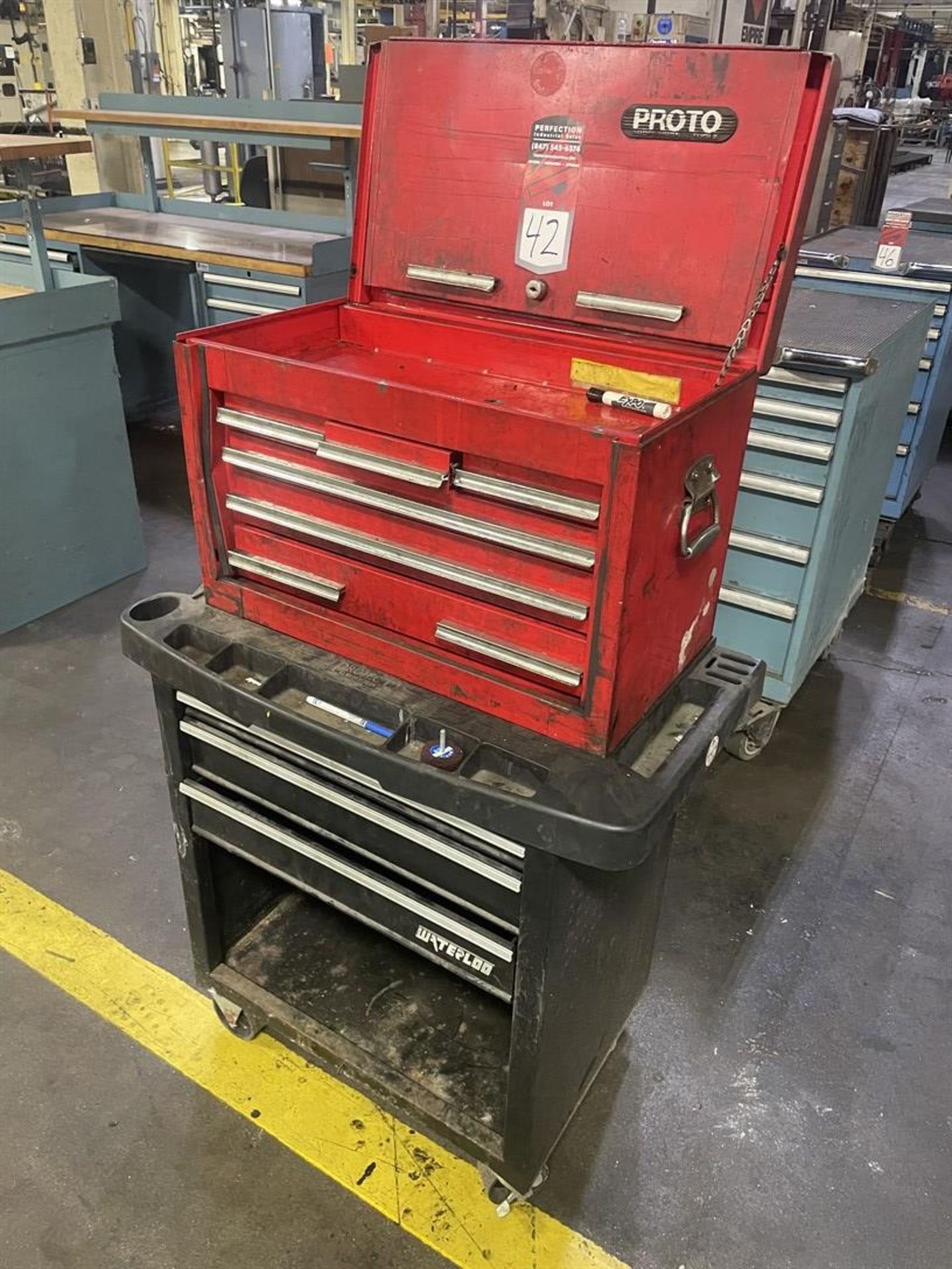 Proto tool Chest on Waterloo Rolling Tool Cart